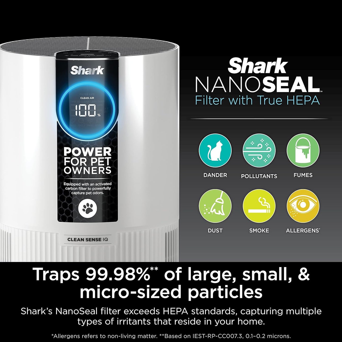 Shark Air Purifier For Home Pets, Allergies, Pet Hair, HEPA Air Filter, 500 Sq Ft, Small Room, Bedroom, Odor Eliminator Clean Sense, Captures 99.98% of Particles, Pet Dander, Fur, Allergens HP102PET