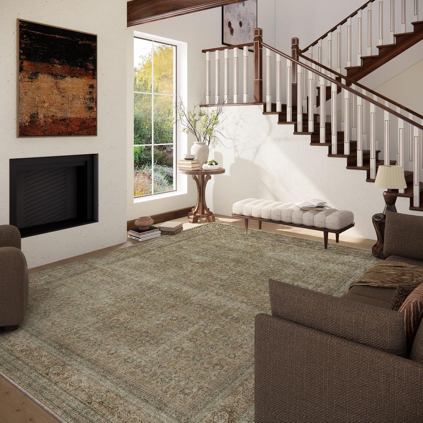 Washable Area Rugs for Living Room: 8x10 Bedroom Rug Boho Vintage Rugs Stain Resistant Non Slip Low Pile Lightweight Soft Carpets for Dining Room Kitchen Nursery Kids Room Farmhouse Living Room