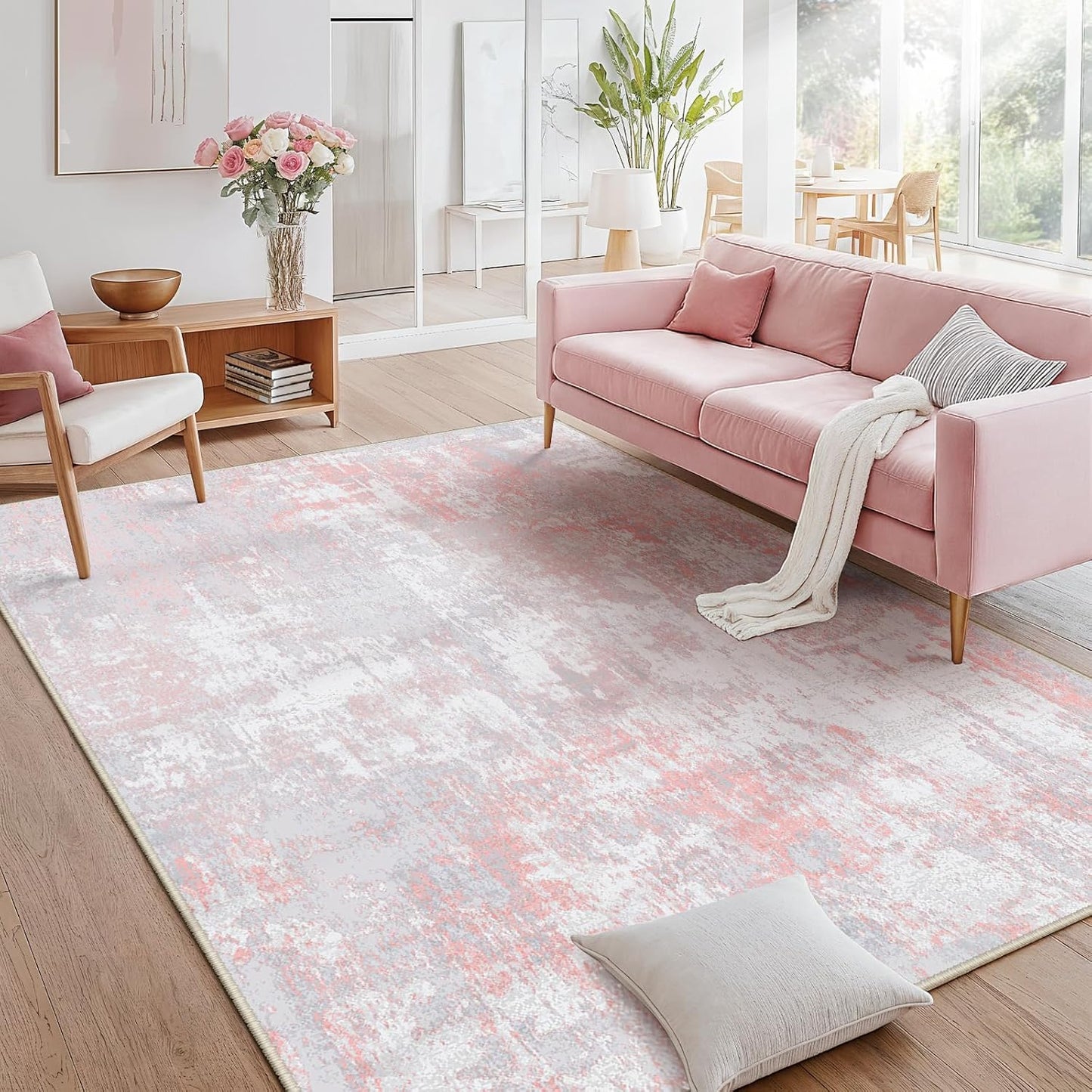 Washable Area Rugs 8'x10' Non-Slip Modern Abstract Soft for Living Room Entryway Bedroom Nursery, Print Pattern, Grey Pink