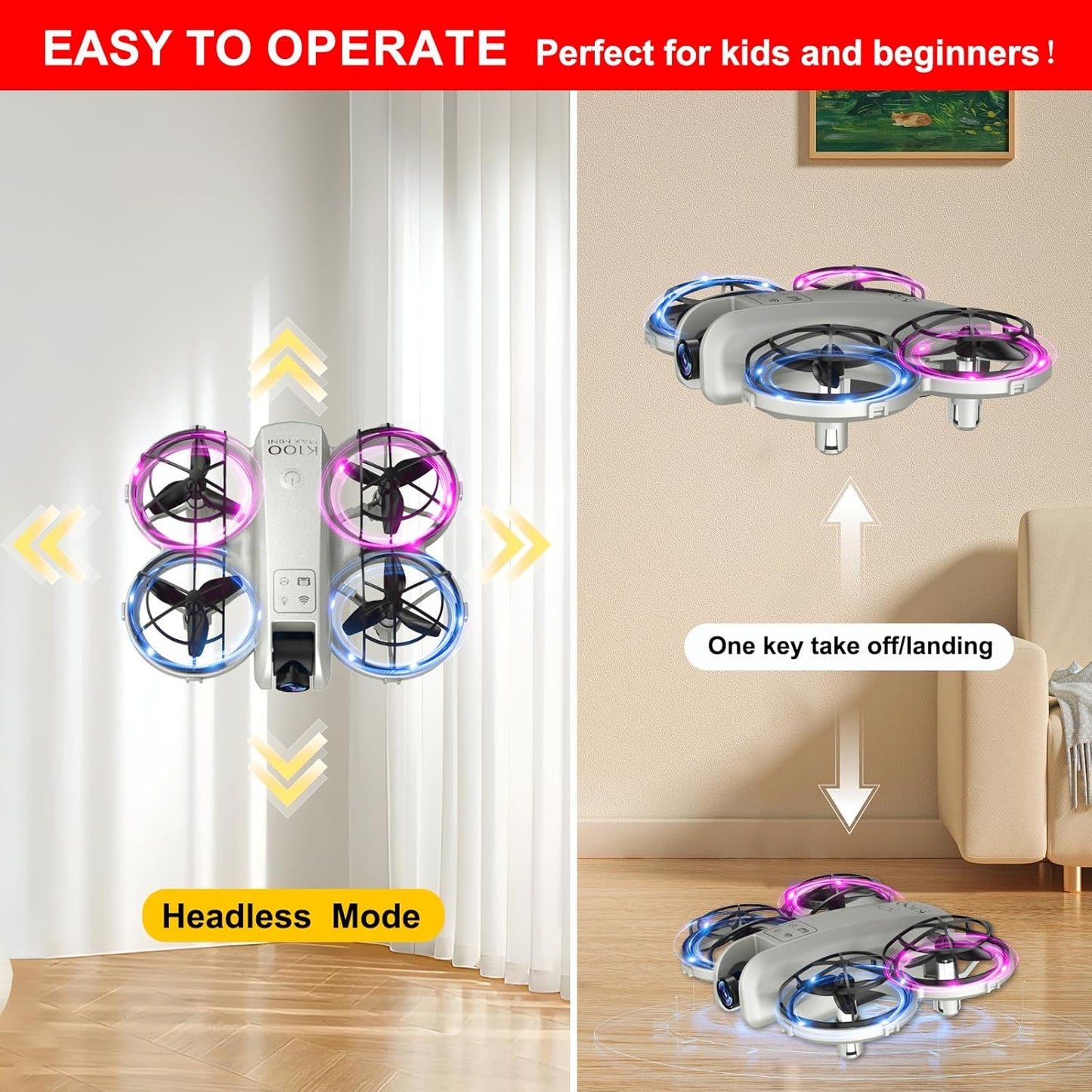 K100Max Mini Drones With Camera For Kids And Begginers, Indoor Small Helicopter Plane Quadcopter With Screen Remote Controller, Gift Toy for Boys and Girls, Headless Mode, 2 Batteries(Gray)