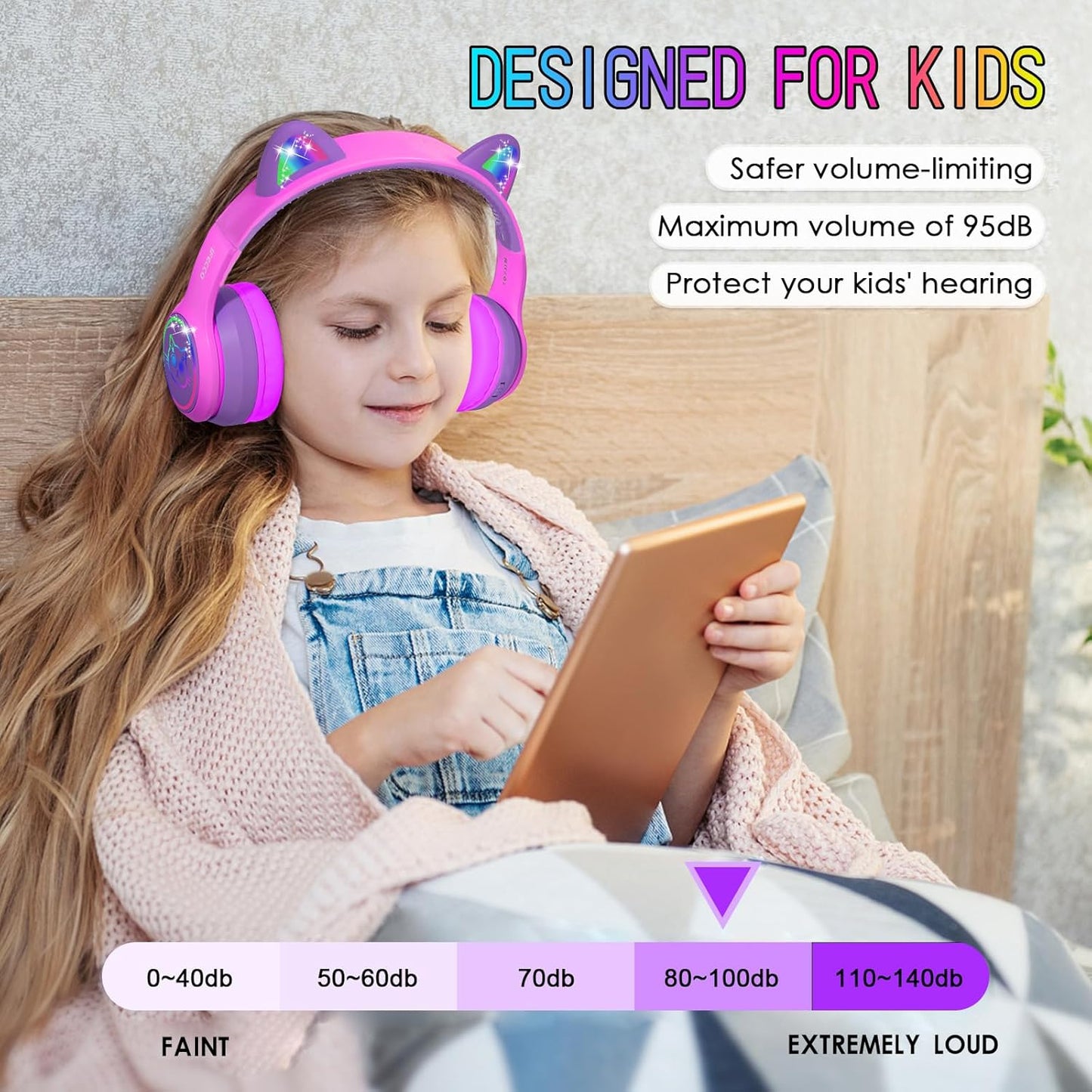 IFECCO Wireless Kids Headphones with Microphone,Foldable Cute Light Up Cat Ear Children Girls Bluetooth Headphones with Case for School Gifts Travel