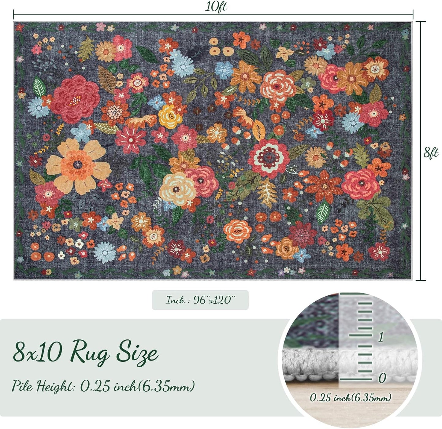 8x10 Area Rug for Living Room: Vintage Floral Washable Rug Soft Boho Non Slip Carpet Large Indoor Floor Non Shedding Low Pile Thin Carpets for Bedroom Dining Room Farmhouse Nursery Home Office Black