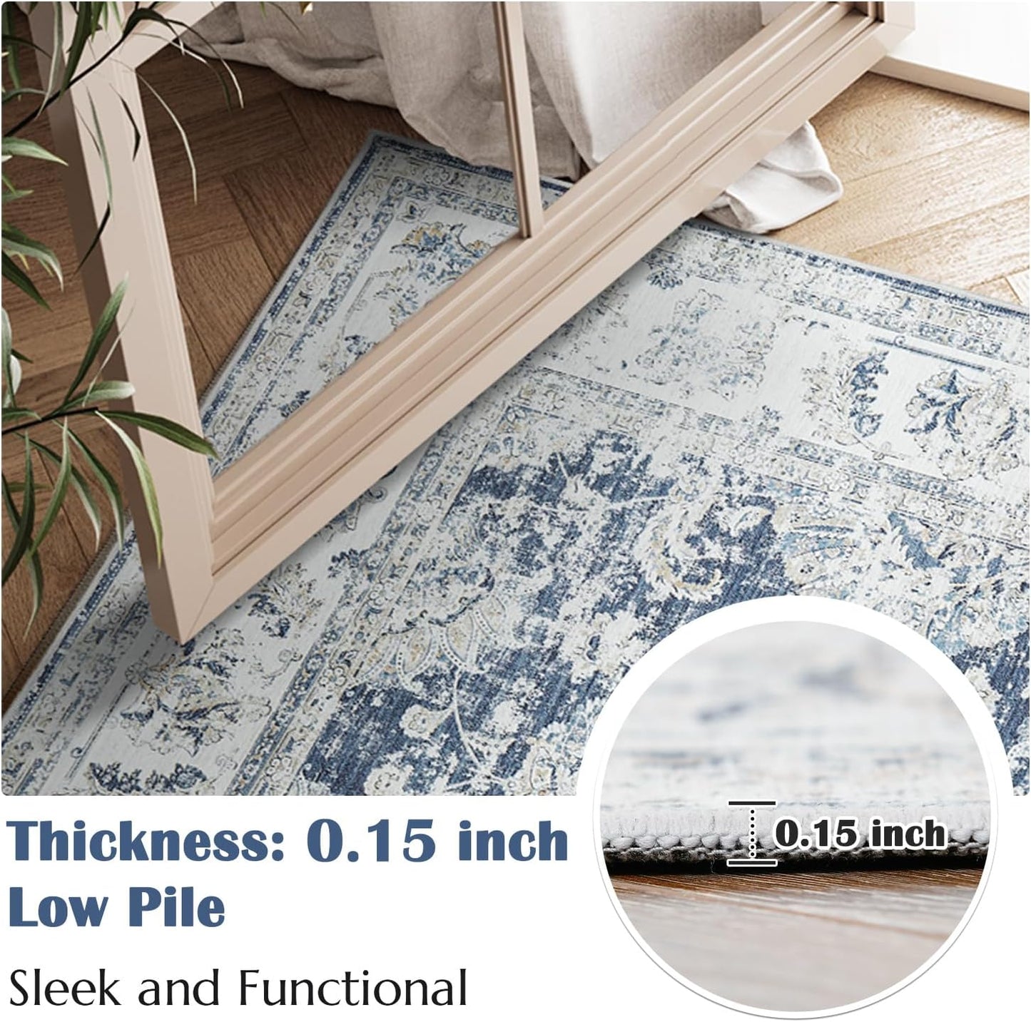 jinchan Floral 2x3 Rugs for Entryway - Vintage Washable Small Non-Slip Distressed Indoor Doormat Ultra-Thin Low-Pile Accent Rug for Entrance Kitchen Bedroom Bathroom (2x3ft,Dark Blue)
