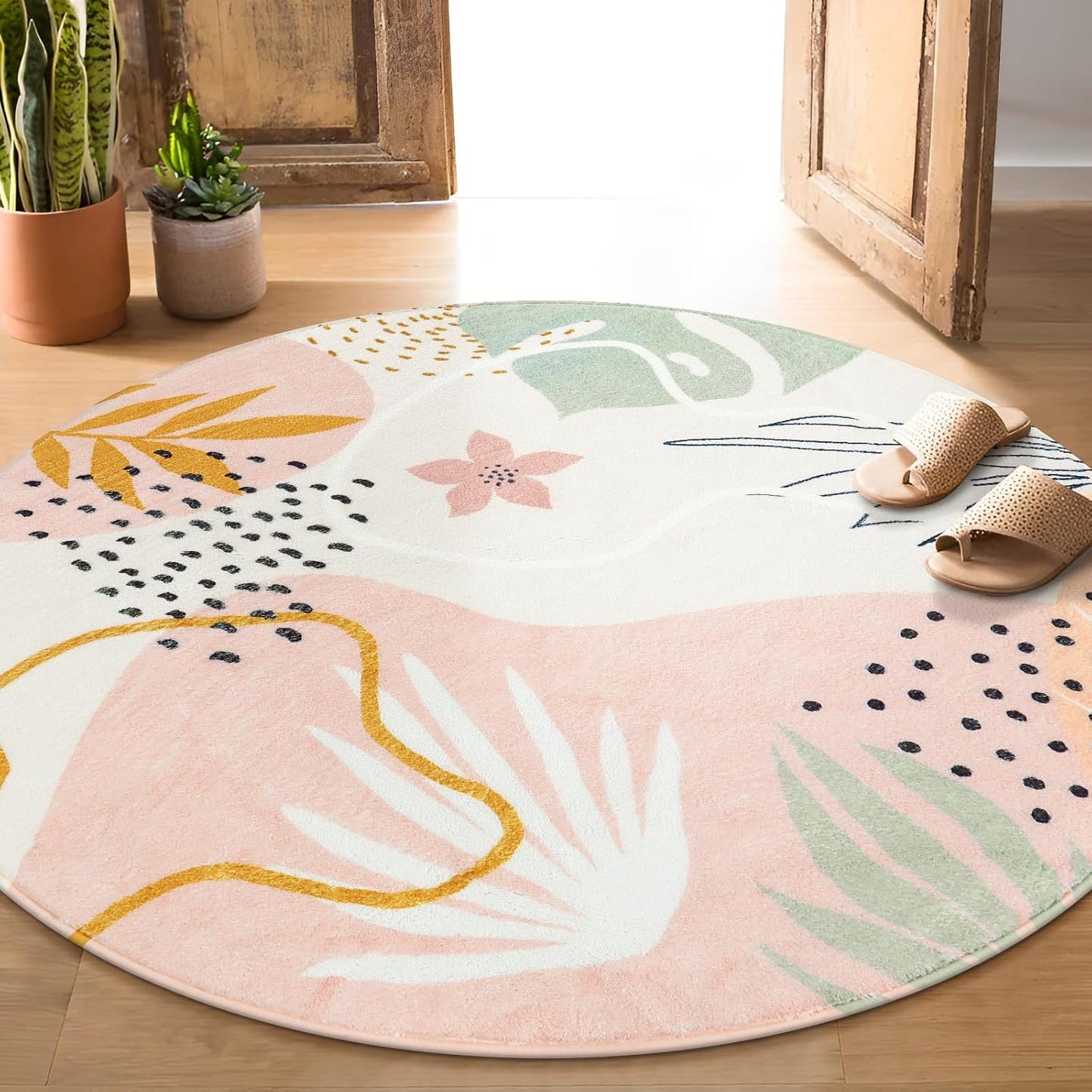 Lahome Pink Round Rug 7Ft - Washable Boho Area Rug for Living Room & Dining Room, 7'x7' Soft Non-Slip Ultra-Thin Botanical Print Carpet for Bedroom & Office