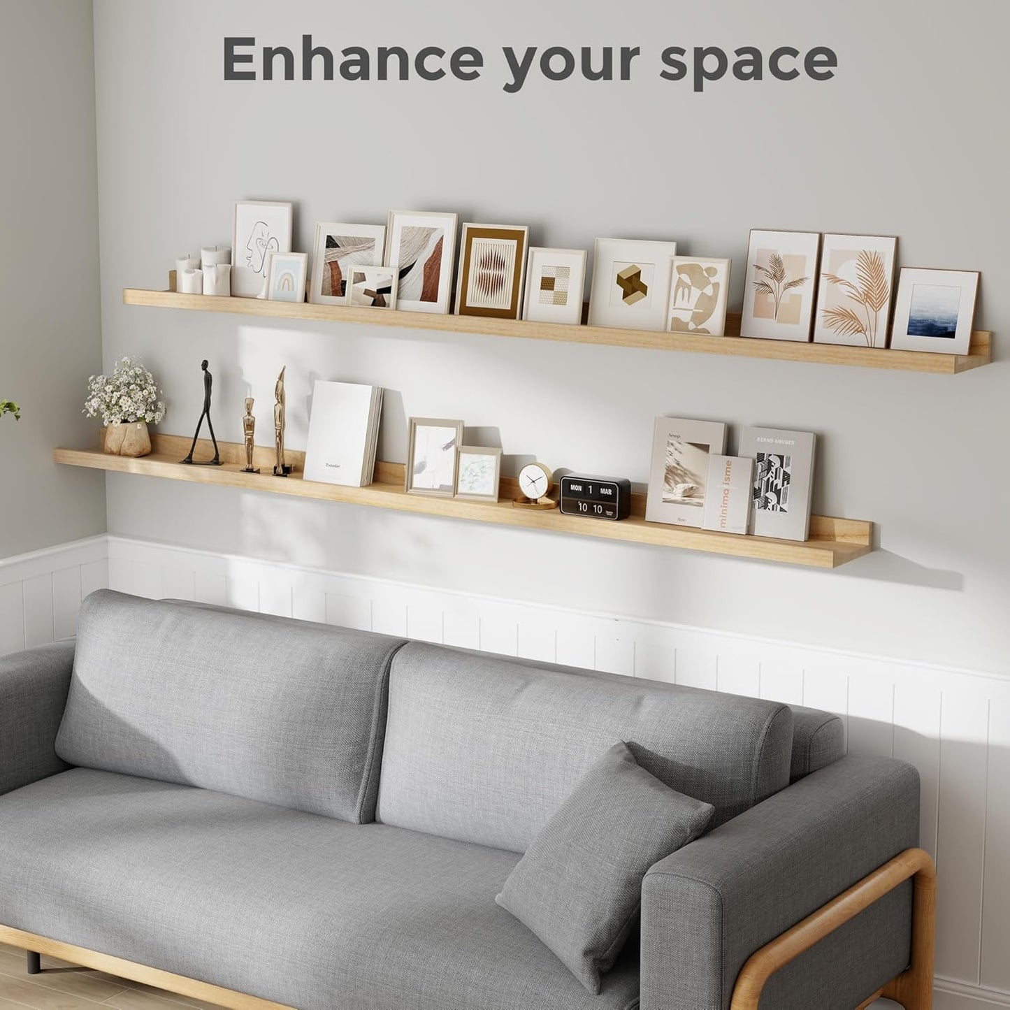 Picture Ledge Shelf, Floating Shelves Set of 2, 72 Inches Long Large Nursery Book Shelves for Toys Storage, Kids Bookshelf Wall Mounted for Living Room Bedroom Decor Books Photo Frames, Natural