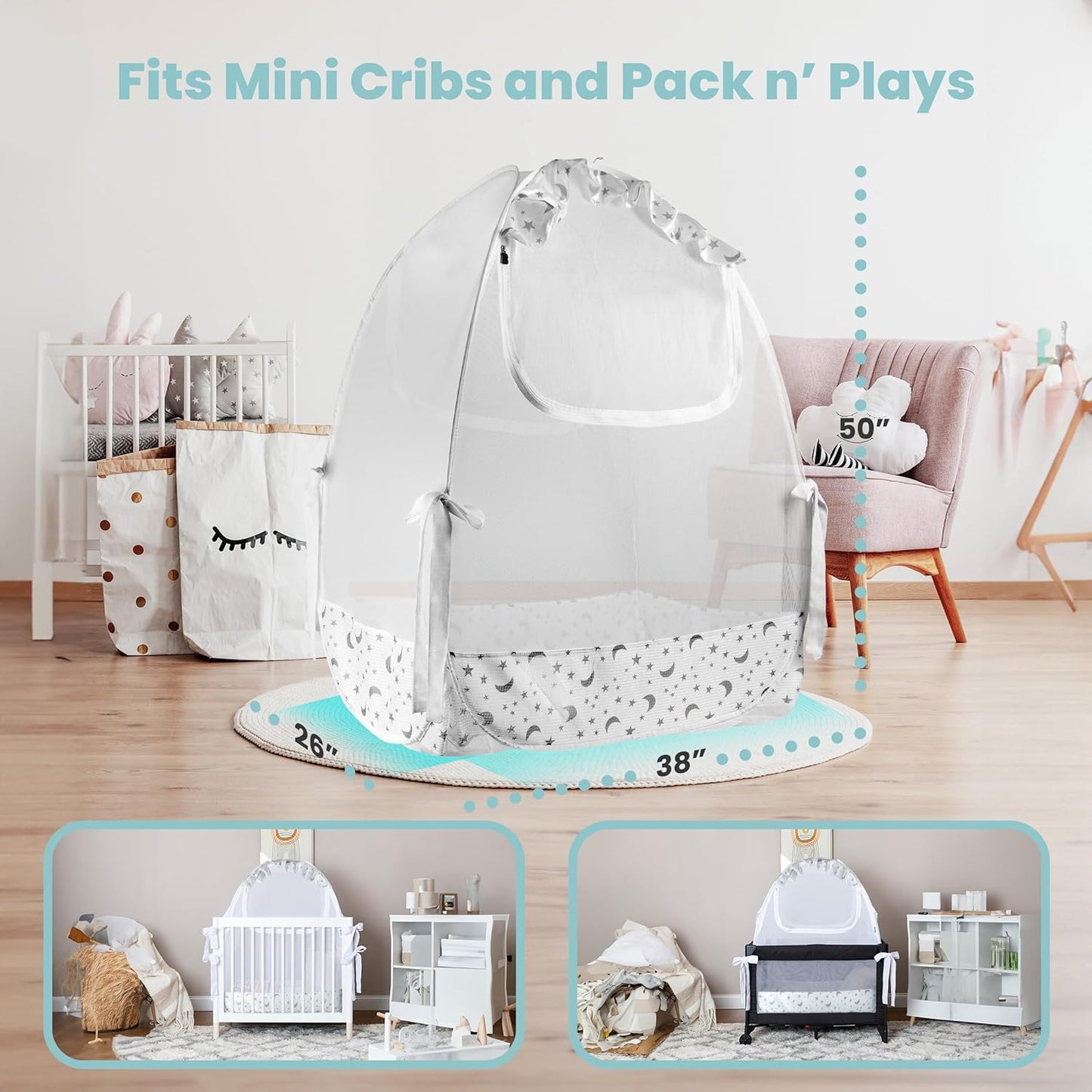 Premium Pack n Play Tent, Mini Crib Tent to Keep Baby from Climbing Out, Auto Pop Up Pack and Play Tent with Auto-Lock Zippers, Thick Velvety Breathable Mesh (Stars & Moons - Ruffles)
