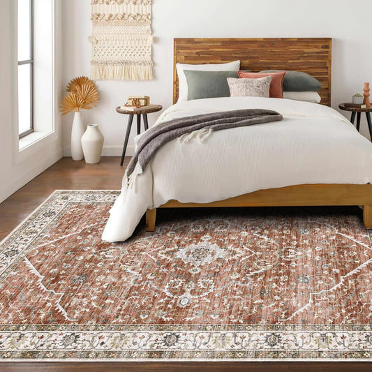 Deerly Large 5x8 Rugs for Dining Room Machine Washable Rugs Boho 5x8 Rug for Living Room Carpet Non-Slip Family & Pet Friendly Area Rugs Print Floor Rug(Border Brick Red 5x8ft)