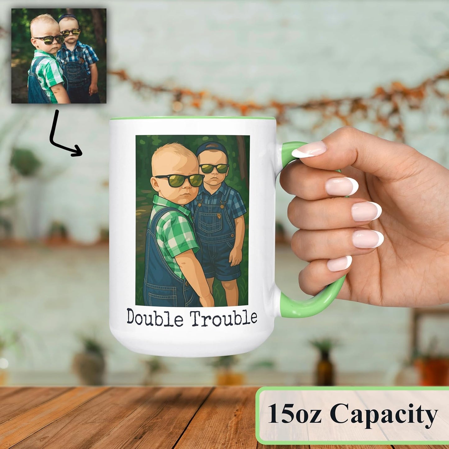 Personalized Coffee Mug, Custom Drawing Portrait Gift, Funny Customized Coffee Gift for Men & Women, Custom Mugs with Pictures, Light Green 15oz Customized Ceramic Tea Cup