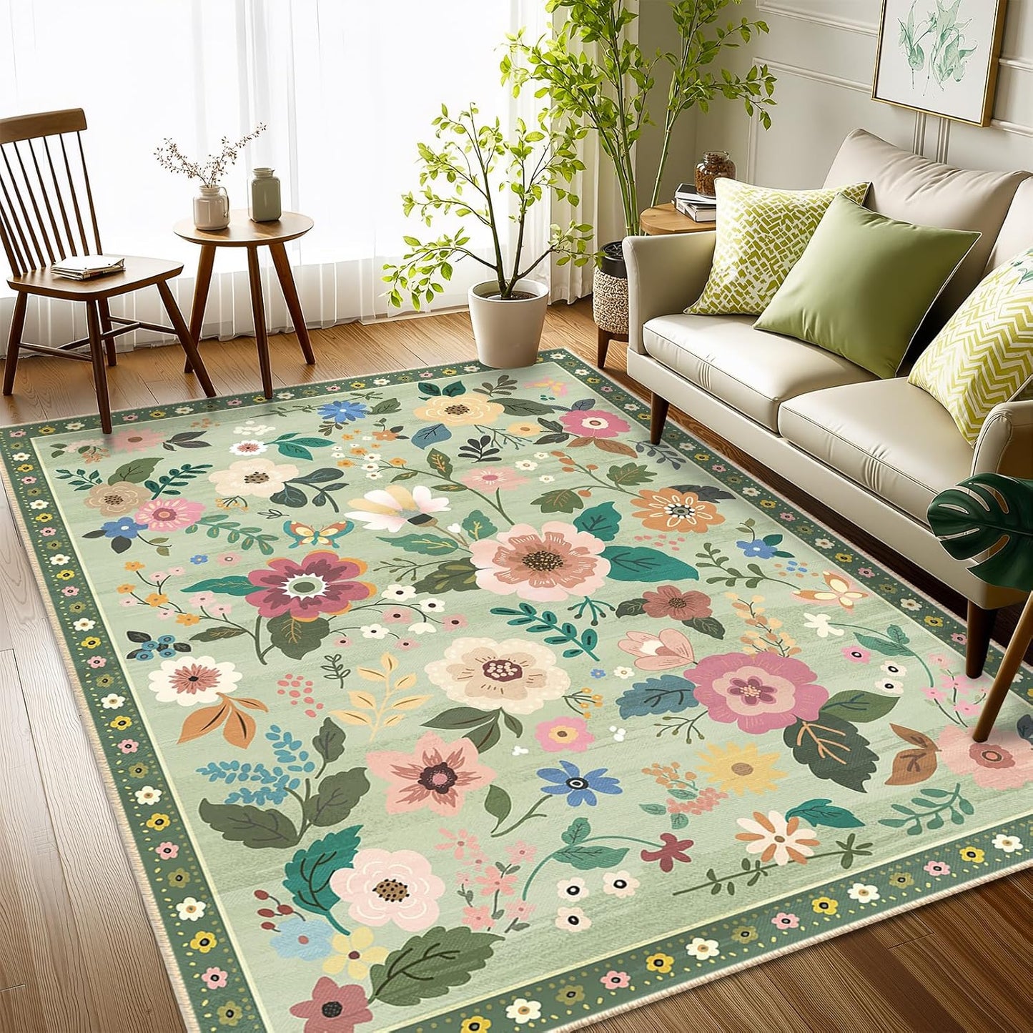 Floral 3x5 Area Rug Machine Washable Soft Print Boho Carpet Non Slip Doormat Low Pile Flower Area Rugs for Living Room Bedroom Nursery Kitchen Dining Room Indoor-Light Green