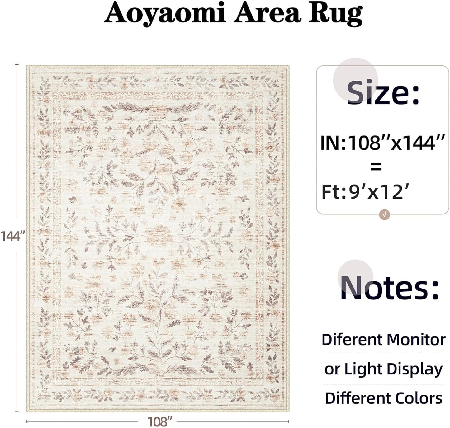 Rugs for Living Room 9x12 Rug, Washable Floral Boho Area Rug Non Slip Soft Low Pile Large Rugs for Bedroom Girls, Dining Room, Office, Kids Playroom(9'x12', Floral Beige)