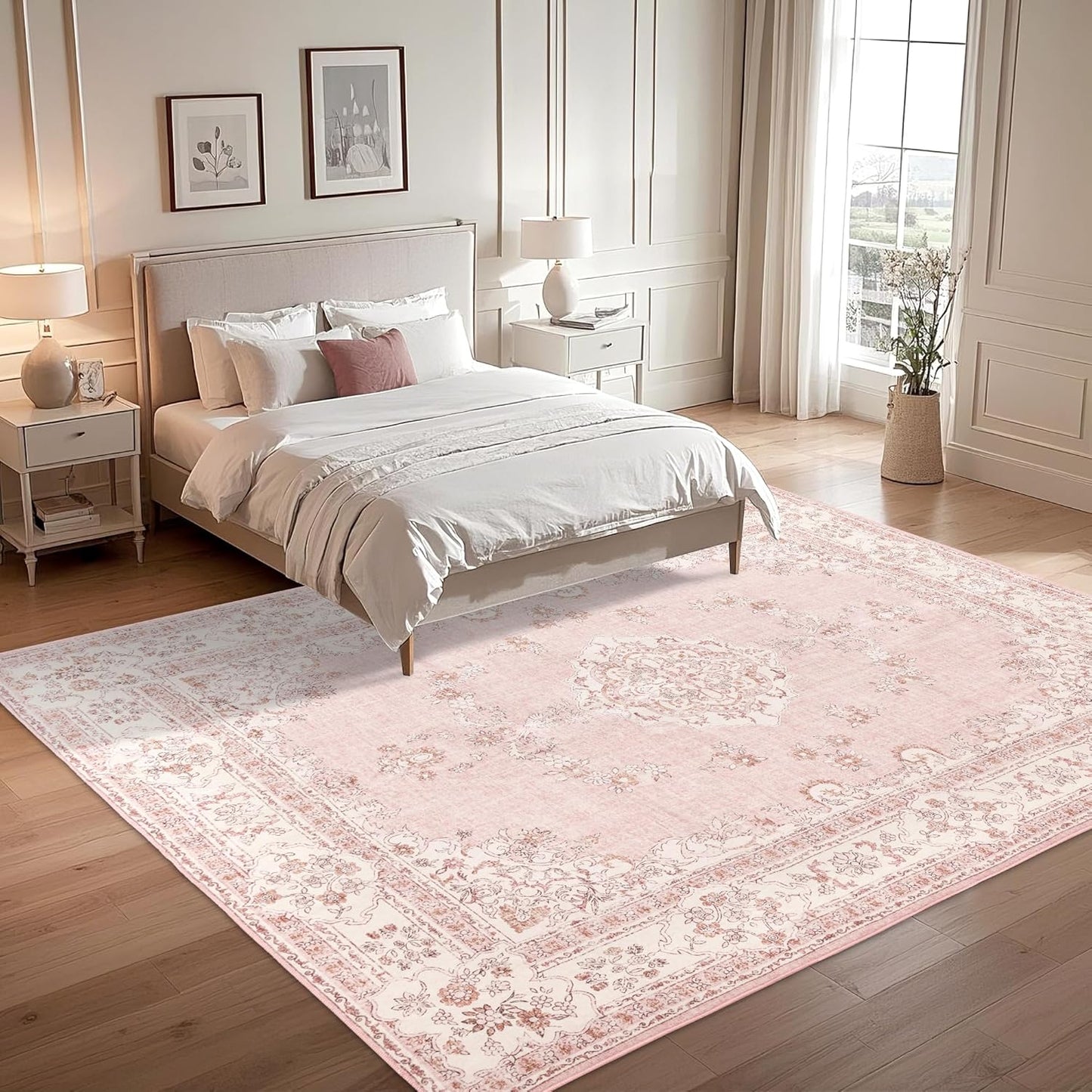 8x10 Area Rugs Washable: Oriental Soft Area Rug for Living Room Bedroom No Shedding - Low Pile Thin Carpet Rug for Dining Room Non Slip - Boho Vintage Rug for Home Decor - Soft Pink