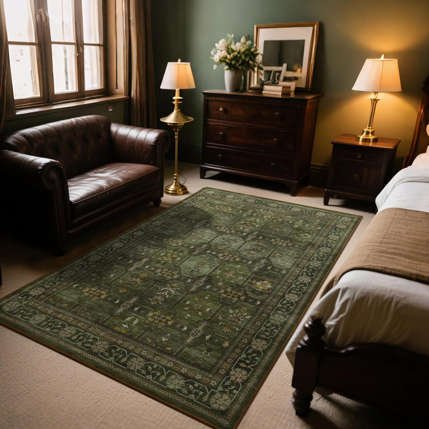 5x7 Washable Area Rug for Living Room Dining Room, Distressed Non Slip Vintage Floral Rugs for Bedroom, Traditional Indoor Floor Carpet for Dining Kitchen Farmhouse Dark Green