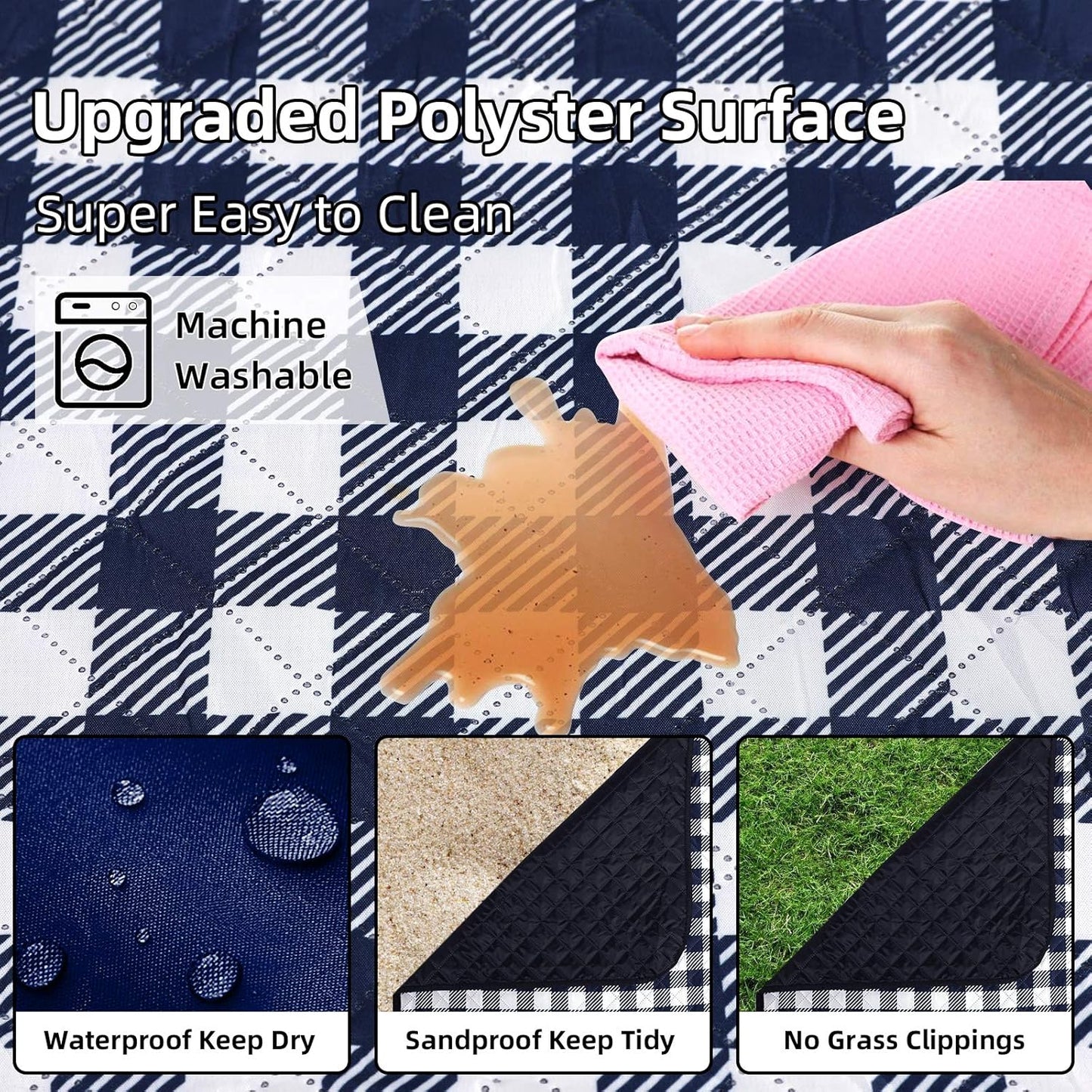 ZAZE Picnic Blankets Machine Washable, 80''x80'' Extra Large Waterproof Sandproof Foldable Compact Beach Blanket, Oversized XL Outdoor Mat for Spring Summer Camping, Park, Travel Grass(Blue and White)