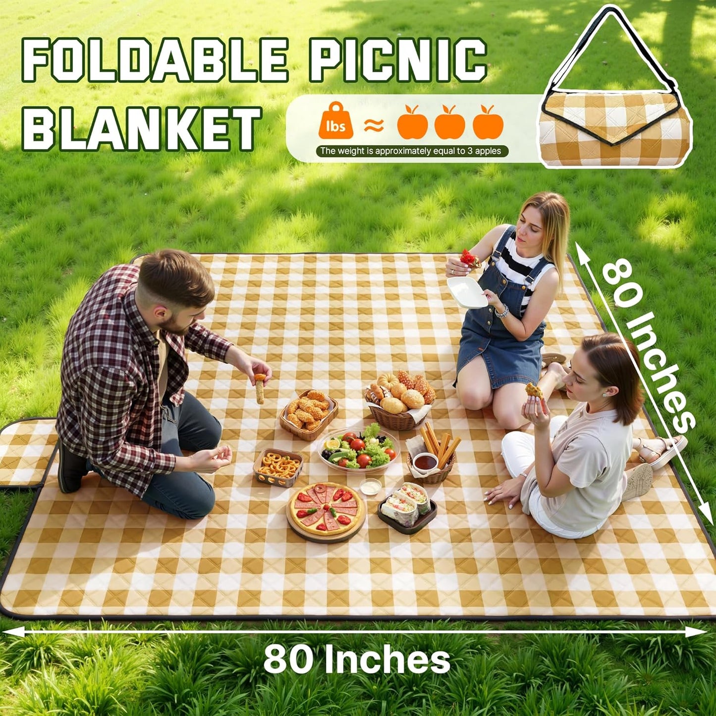 TigeJoy Extra Large Picnic Blanket Waterproof Foldable 80''x80'', Outdoor Picnic Mat Beach Blanket Sandproof for Park, Grass, Travel, Hiking, Camping Essentials, Gingham Picnic Blanket