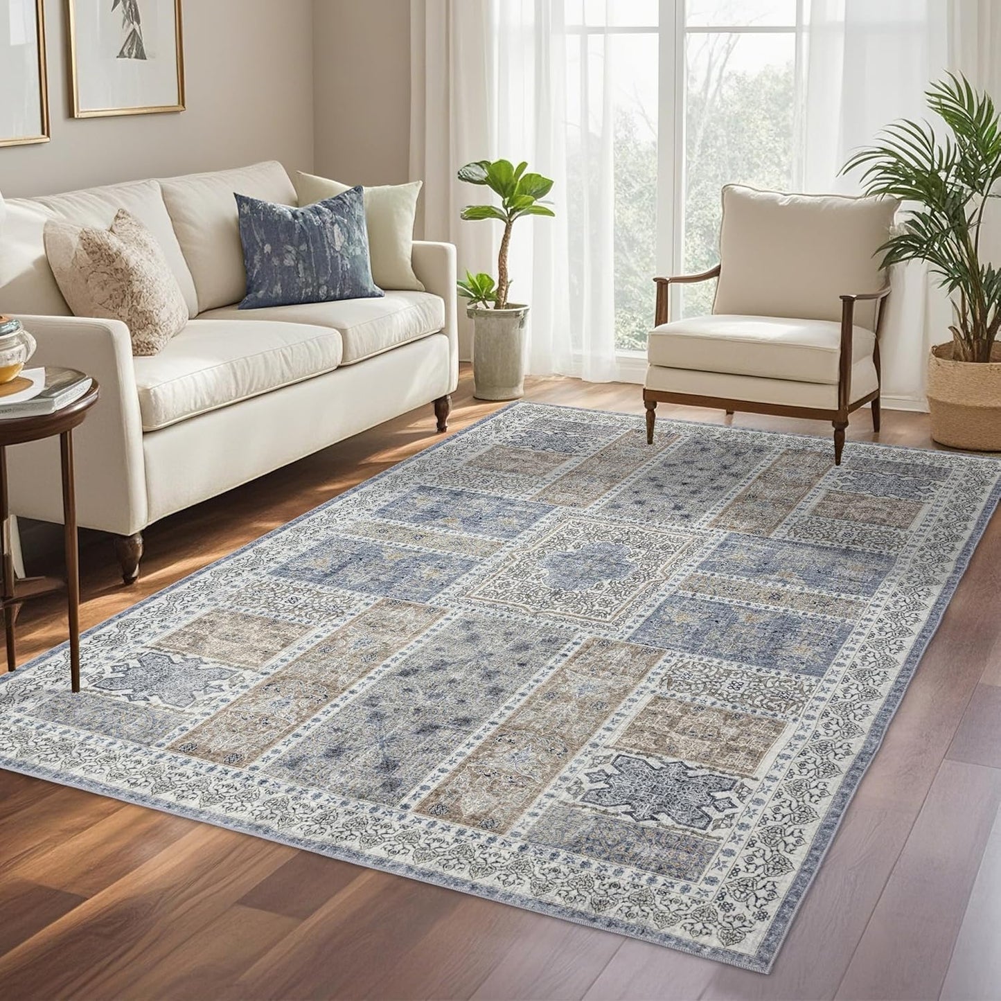 4x6 Area Rug Washable: Oriental Soft Area Rug for Living Room Bedroom No Shedding - Low Pile Thin Carpet Rug for Dining Room Non Slip - Boho Vintage Rug for Home Decor - Blue Grey