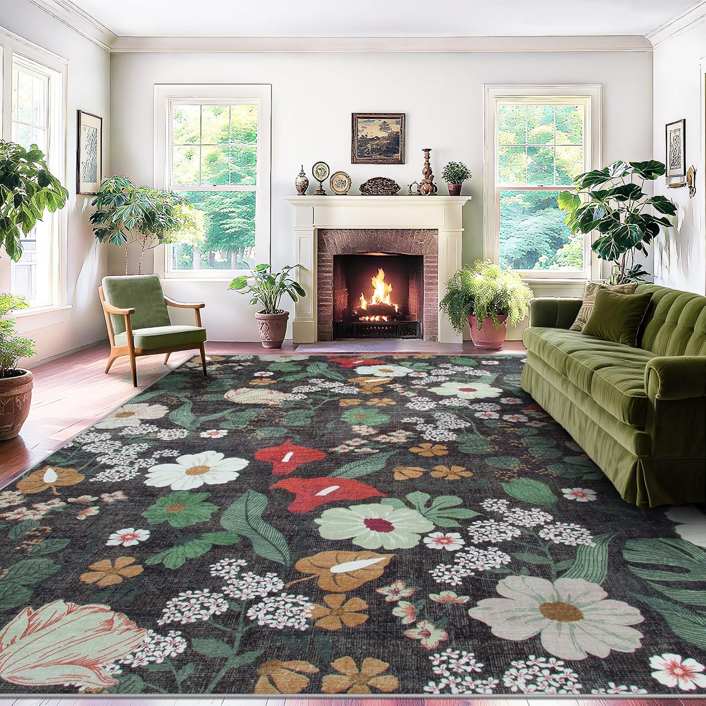Area Rug Living Room Rugs: 5x7 Washable Rug Vintage Floral Soft Boho Non Slip Carpet Indoor Floor Non Shedding Low Pile Thin Carpets for Bedroom Dining Room Farmhouse Nursery Home Office Green