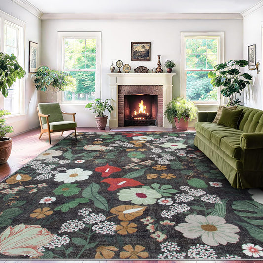 Area Rug Living Room Rugs: 5x7 Washable Rug Vintage Floral Soft Boho Non Slip Carpet Indoor Floor Non Shedding Low Pile Thin Carpets for Bedroom Dining Room Farmhouse Nursery Home Office Green