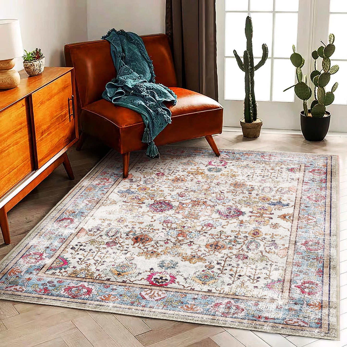 Washable Area Rug 8'x10' Vintage Traditional Mat Distressed Indoor Foldable Accent Thin Rug Retro Floral Non Slip Carpet Living Room Dining Room Office