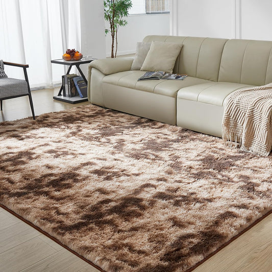 Ultra Soft Rug for Living Room, 3X5 Fluffy Shag Area Rug for Bedroom, Modern Shaggy Carpets Fuzzy Rug for Teens Dorm Nursery Home Decor Aesthetic, Upgrade Anti-Skid Durable, Tie-Dyed Coffee