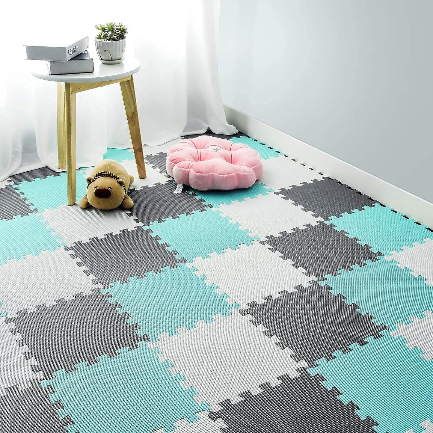 qqpp EVA Rubber 18 Tiles Interlocking Puzzle Foam Floor Mats - Baby Play Mat for Playing | Exercise Mat for Home Workout. White, Green, Gray. QC-AHLb18N