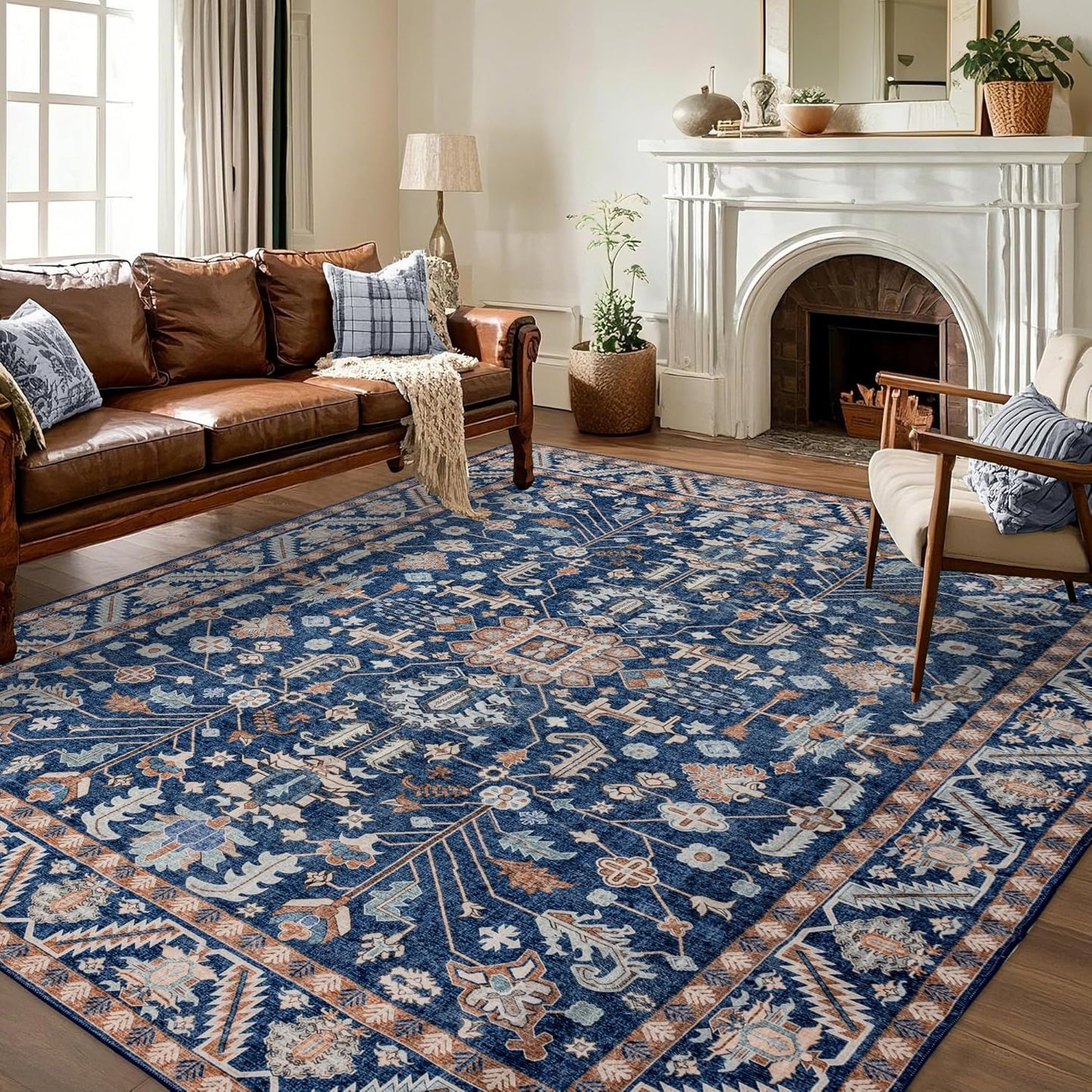 9x12 Area Rug Washable: Oriental Soft Area Rug for Living Room Bedroom No Shedding - Low Pile Thin Carpet Rug for Dining Room Non Slip - Boho Vintage Rug for Home Decor - Navy Blue