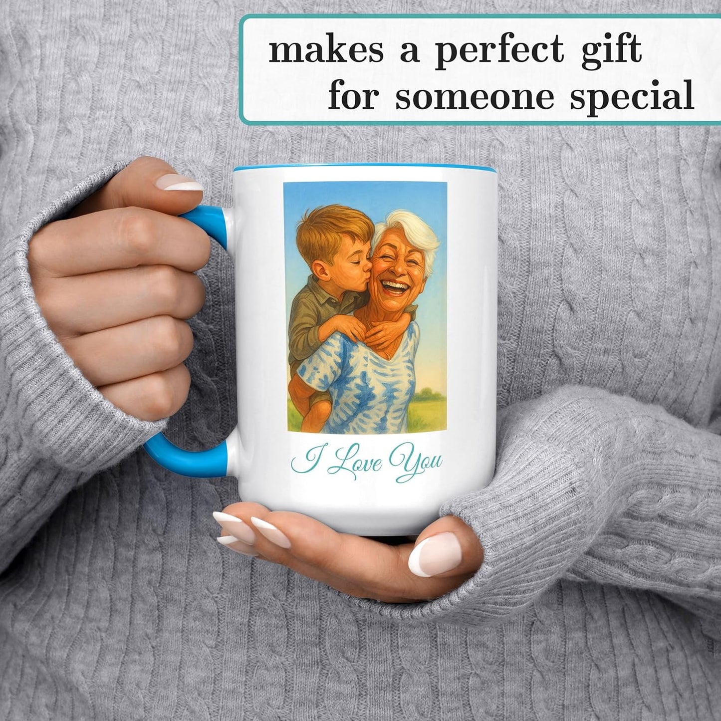 Personalized Coffee Mug, Custom Photo Caricature Gift, Funny Customized Coffee Gift for Men & Women, Custom Mugs with Pictures, Light Blue 15oz Customized Ceramic Tea Cup