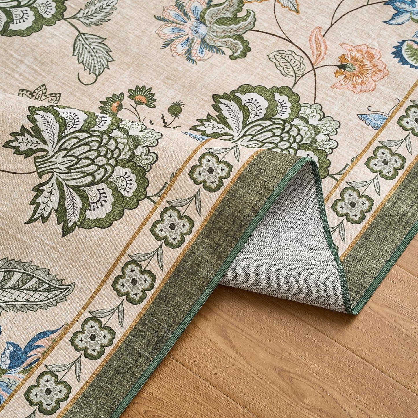 jinchan 2x5 Floral Runner Rug for Hallway Washable Kitchen Runner Vintage Romance Design Non Slip Thin Indoor Floor Cover Low-Profile Throw Carpet for Entryway Bathroom Bedroom Porch, Green/Beige