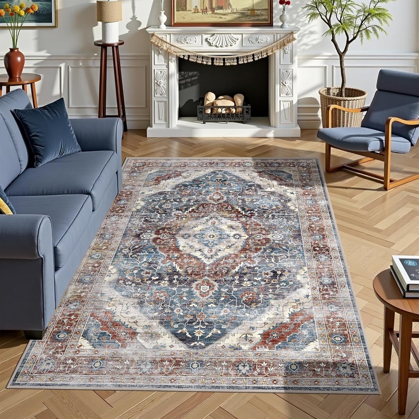 Rugs 5x7 Washable Rug, Non Slip Large Rug for Living Room Bedroom Dining Room, Low-Pile Kid & Pet Friendly Distressed 5x7 Carpet Print Floor (Border Brown/Navy Blue)