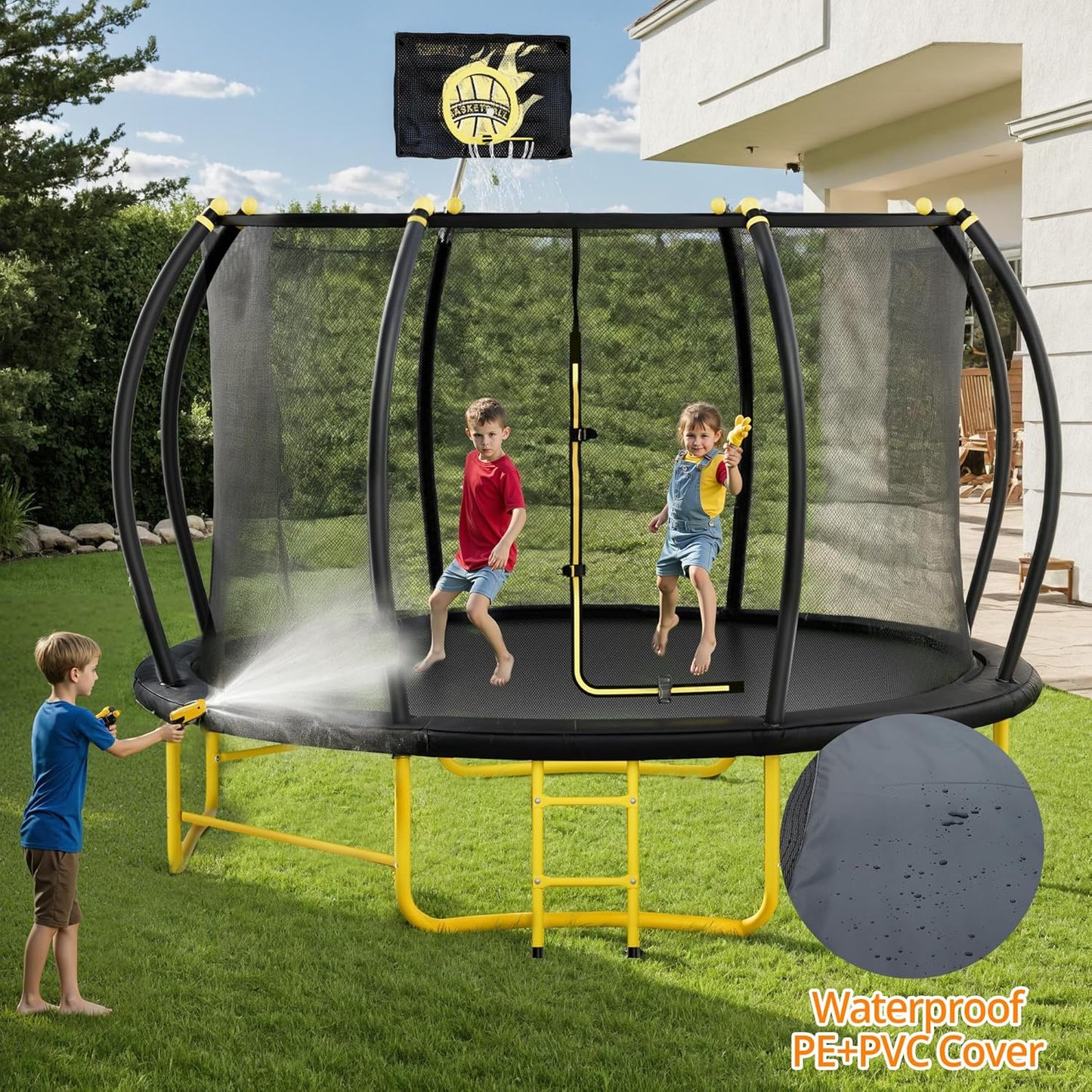 10FT 12FT 14FT 16FT Pumpkin Trampoline for Kids Adults, ASTM Approved Outdoor Recreational Trampoline with Basketball Hoop, Enclosure Net, Yellow