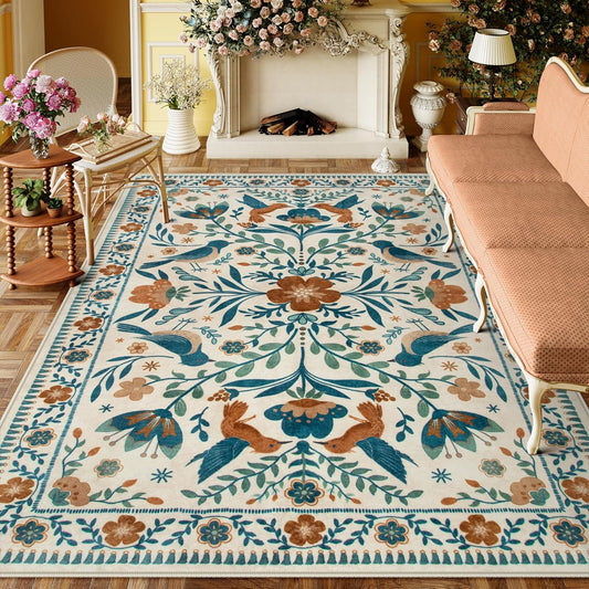 Moynesa Boho Bird 9x12 Area Rug Washable 9x12 Rugs for Living Room, Large Floral Bedroom Carpet Low-Pile Soft Animal Playroom Rug, Jungle Pattern Indoor Carpet for Dining Room Nursery