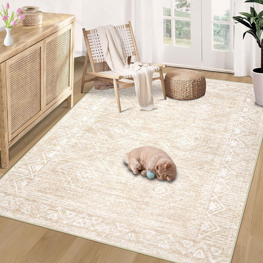 Vintage Moroccan Trellis Area Rug - 3x5 Machine Washable Boho Geometric Farmhouse Rugs Neutral Stain Resistant Non Slip Indoor Carpet for Entrance Bedroom Dining Room Nursery Home Office (3x5, Beige)