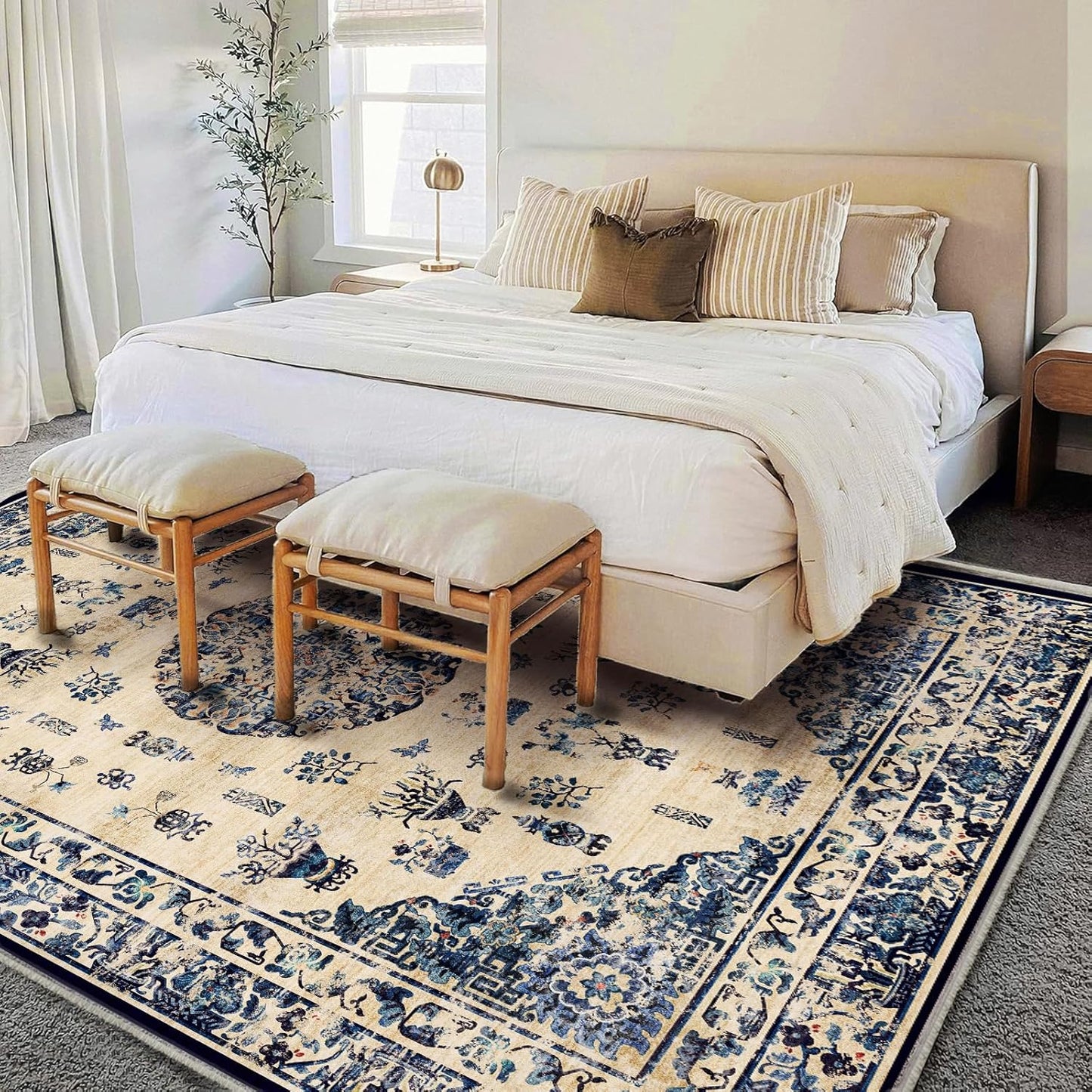 Washable Area Rug 9'x12' Retro Boho Design Non-Shedding Easy Care Ideal for High Traffic Areas in Living Room Bedroom Office Coffee Table Kitchen Large Carpet