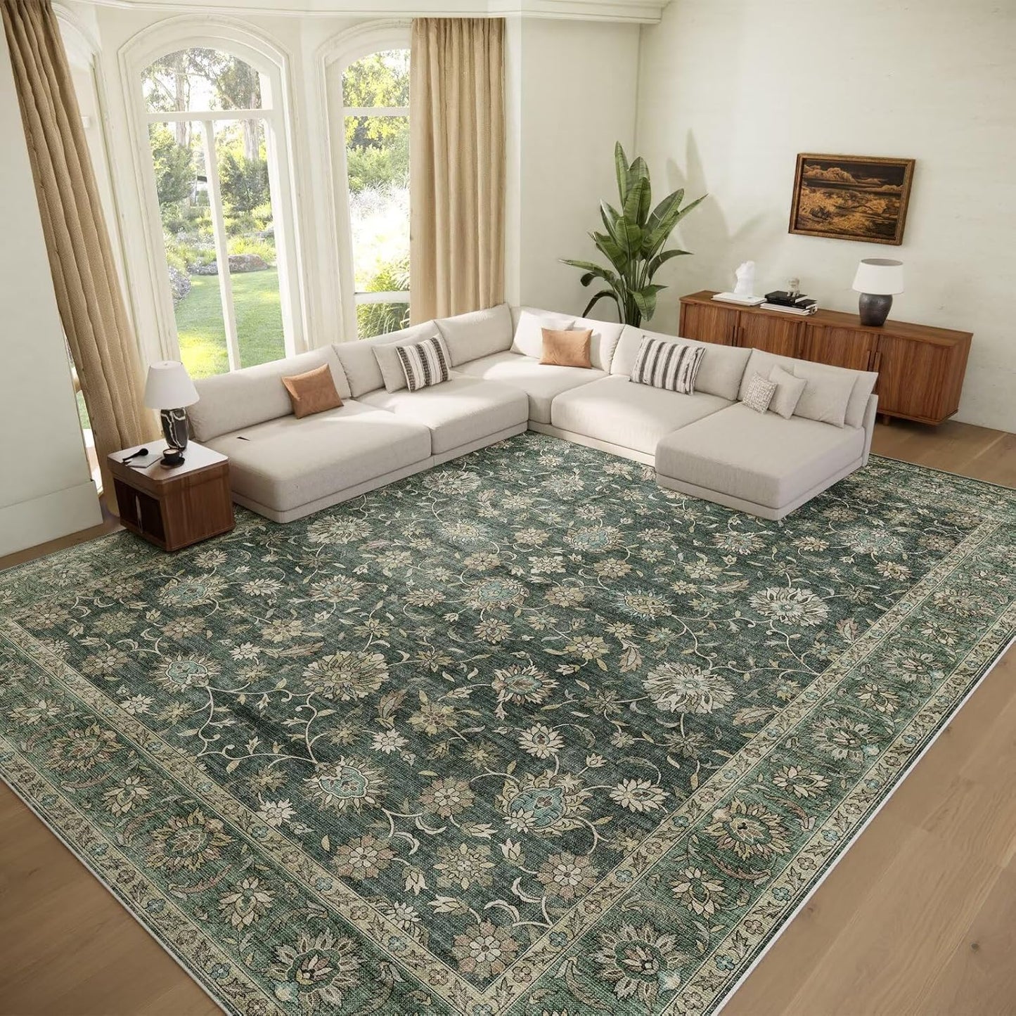 Washable 10x14 Area Rugs for Living Room, Boho Non-Slip Silicone Backing Rugs for Bedroom Dining Room Office, 0.3" Neutral Oriental Throw Carpet with 0.16" Cushioning Pad, Sage Green/Multi
