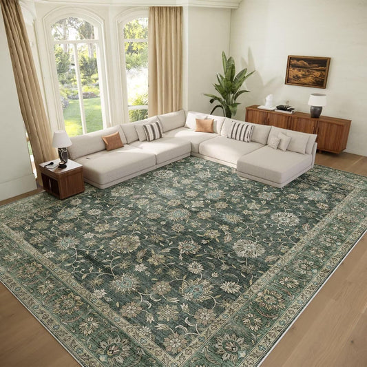 Washable 10x14 Area Rugs for Living Room, Boho Non-Slip Silicone Backing Rugs for Bedroom Dining Room Office, 0.3" Neutral Oriental Throw Carpet with 0.16" Cushioning Pad, Sage Green/Multi