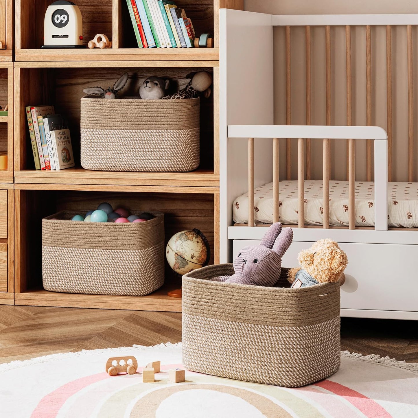 UBBCARE 4 Pack Baskets for Organizing, Woven Storage Baskets for Toys and Towel, Rectangle Cotton Rope Basket with Handles, 15''L x10''W x9''H, Mixed Brown