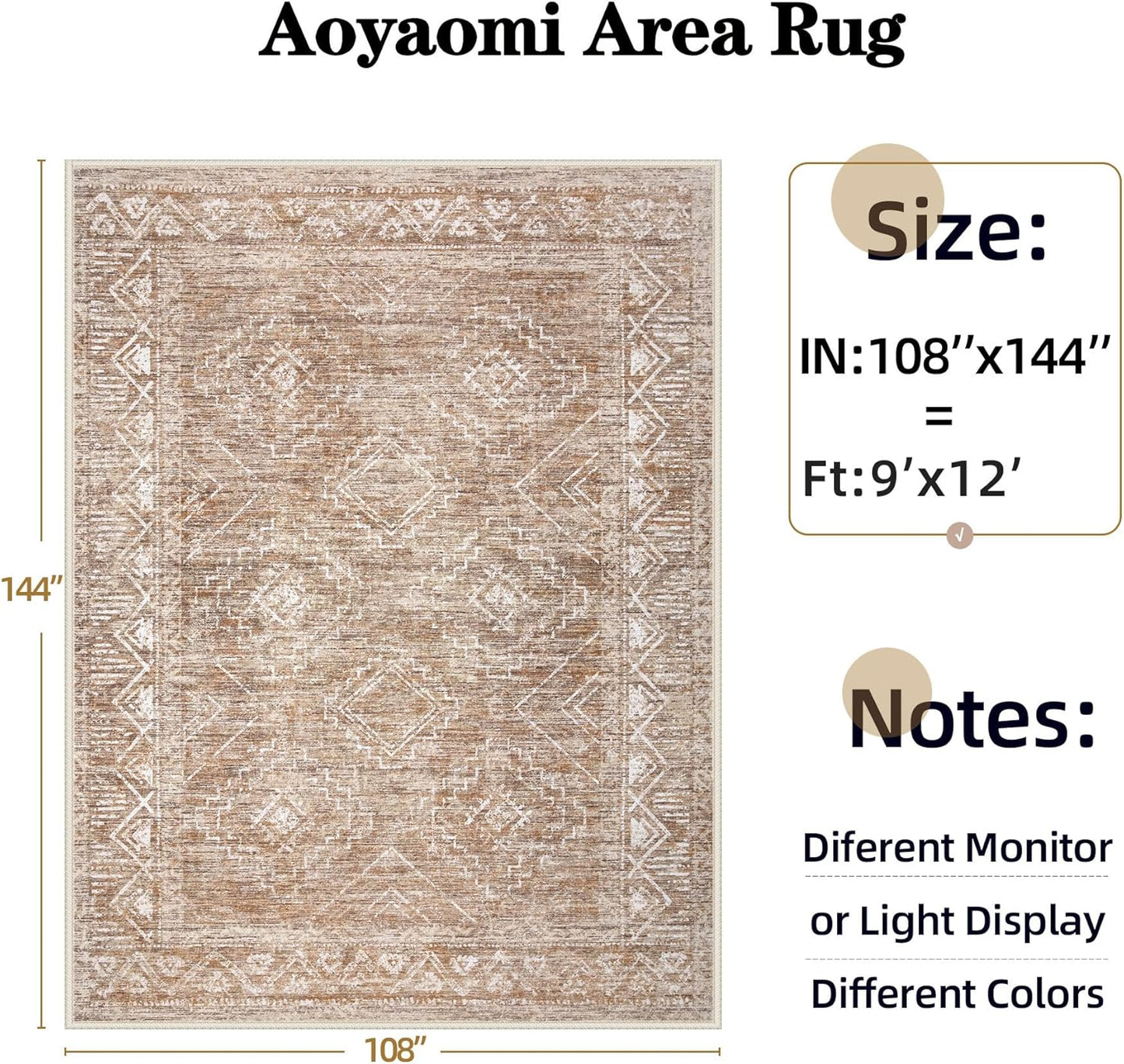 Large Living Room Area Rug 9x12 - Machine Washable Vintage Boho Moroccan Rugs Geometric Neutral Rug Non-Shedding Low Pile Distressed Farmhouse Carpet for Bedroom Nursery Classroom Dorm (9 x 12, Brown)