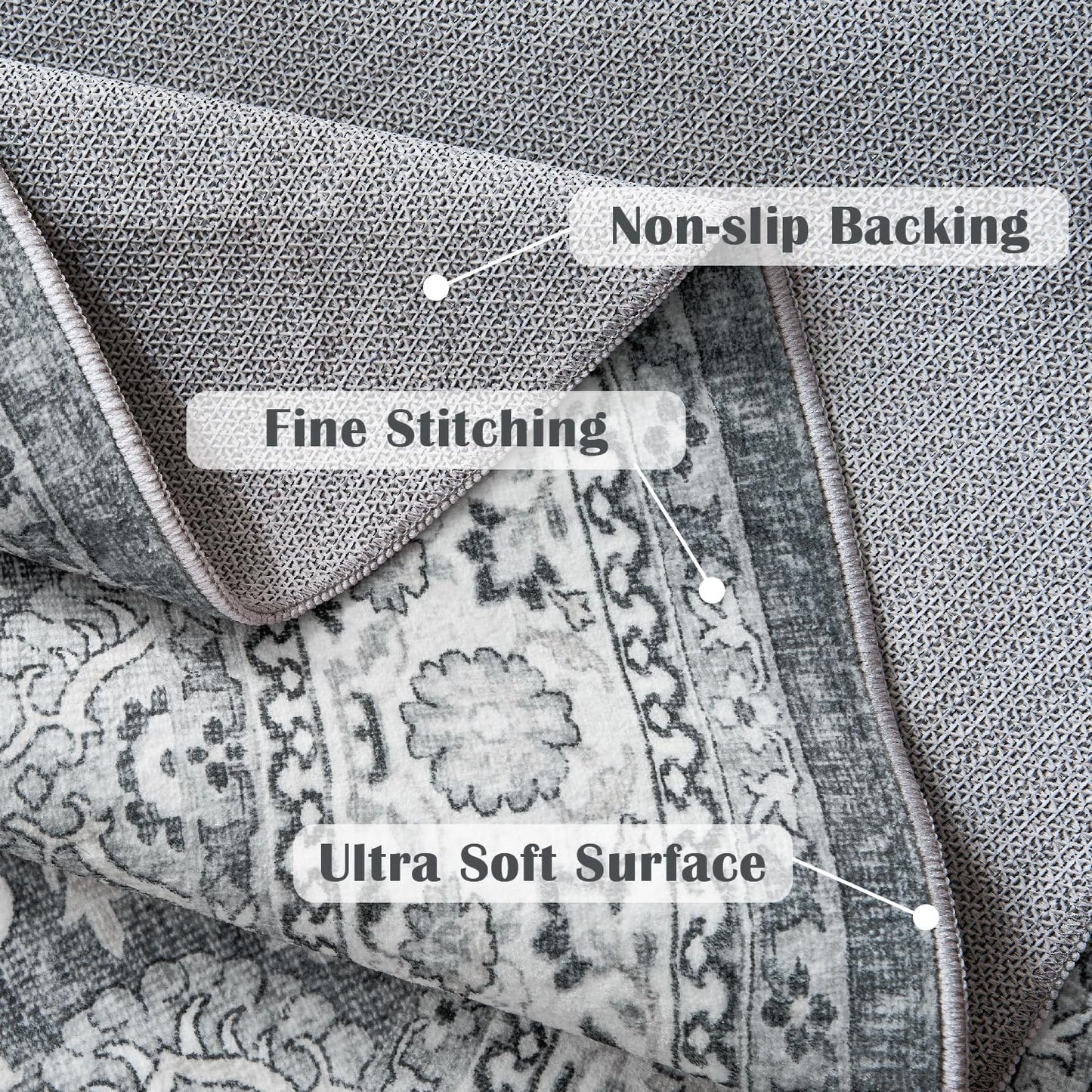 jinchan Round Rug 8ft Washable Circle Soft Rug - Low Pile Vintage 8'Round Indoor Grey Floral Print Stain Resistant Boho Carpet Ultra-Thin Non-Slip for Living Room Bedroom Dining Room Kitchen