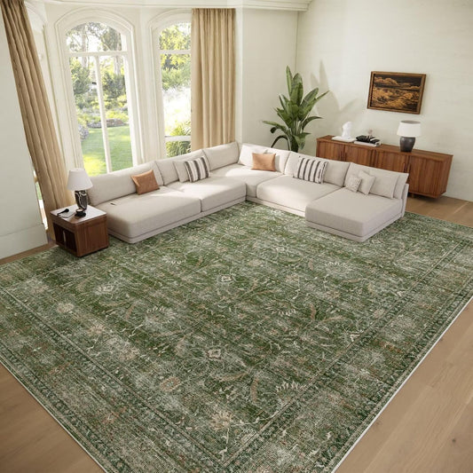 Washable 9x12 Area Rugs for Living Room, Boho Non-Slip Silicone Backing Rugs for Bedroom Dining Room Nursery Office, 0.3" Neutral Oriental Throw Carpet with 0.16" Cushioning Pad, Grass Green/Multi