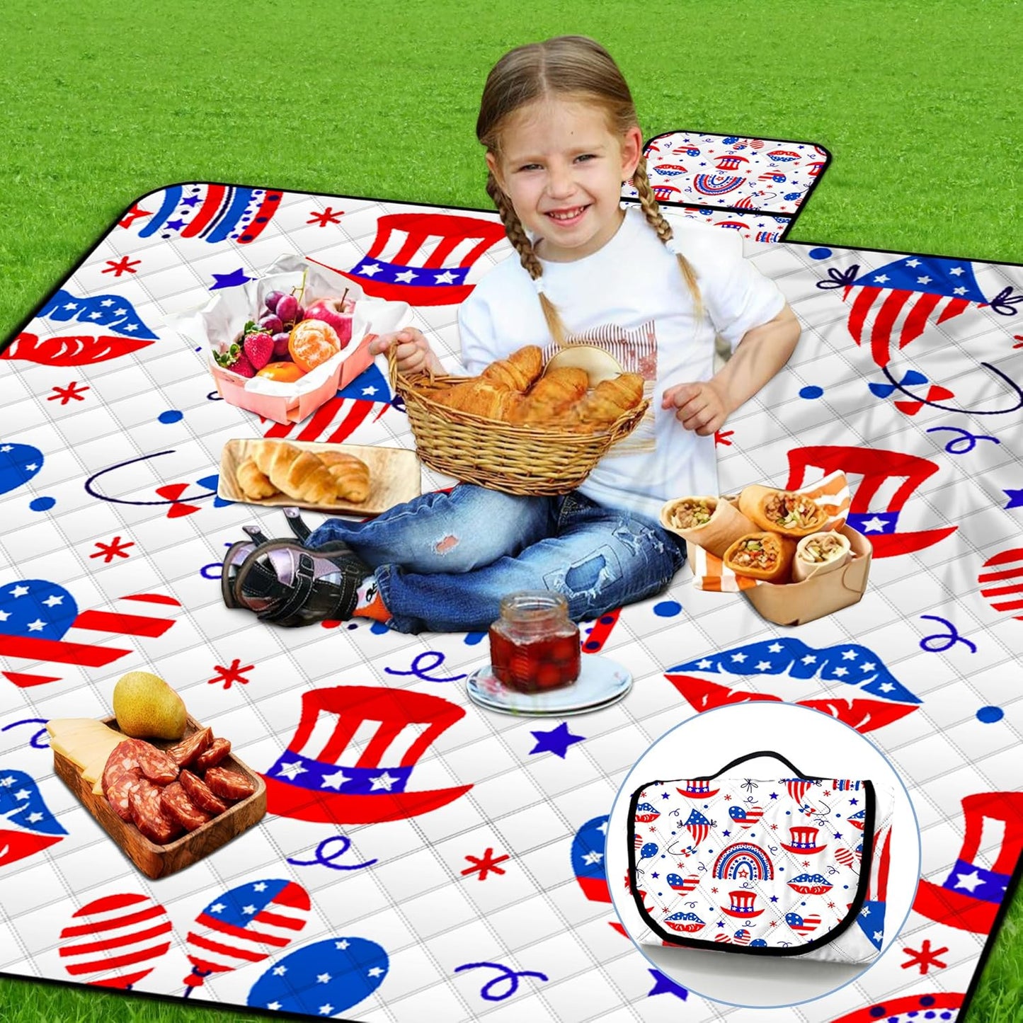 Extra Large Picnic Blanket Waterproof,80"x 80"Foldable Machine Washable Beach Blanket,Outdoor Blanket for 6-8 Adults,Suitable for Indoor Crawling,Park Beach,Camping,Hiking,Family Travel(Blue,Red)