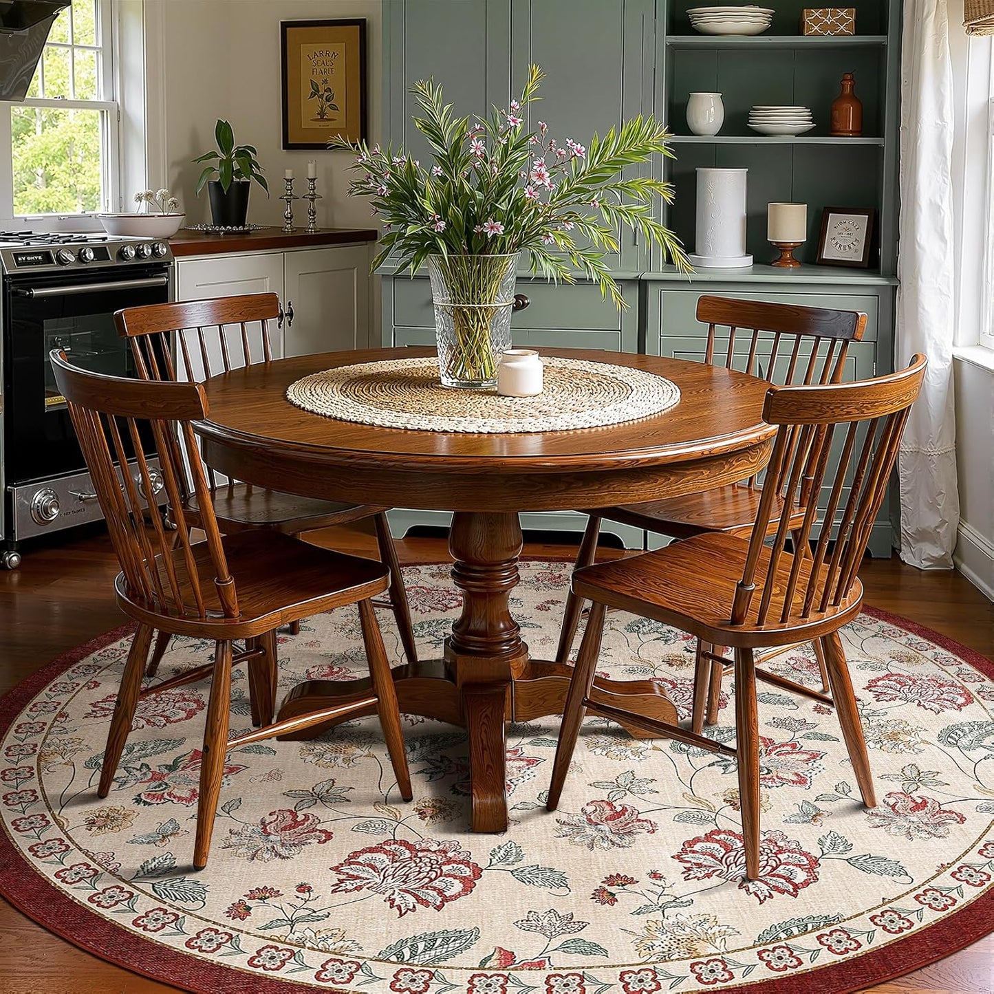 jinchan 8ft Floral Round Rug for Dining Room Washable Living Room Rug Vintage Romance Design Non Slip Indoor Floor Cover Lightweight Low-Profile Throw Carpet for Bedroom Porch Patio, Red/Beige