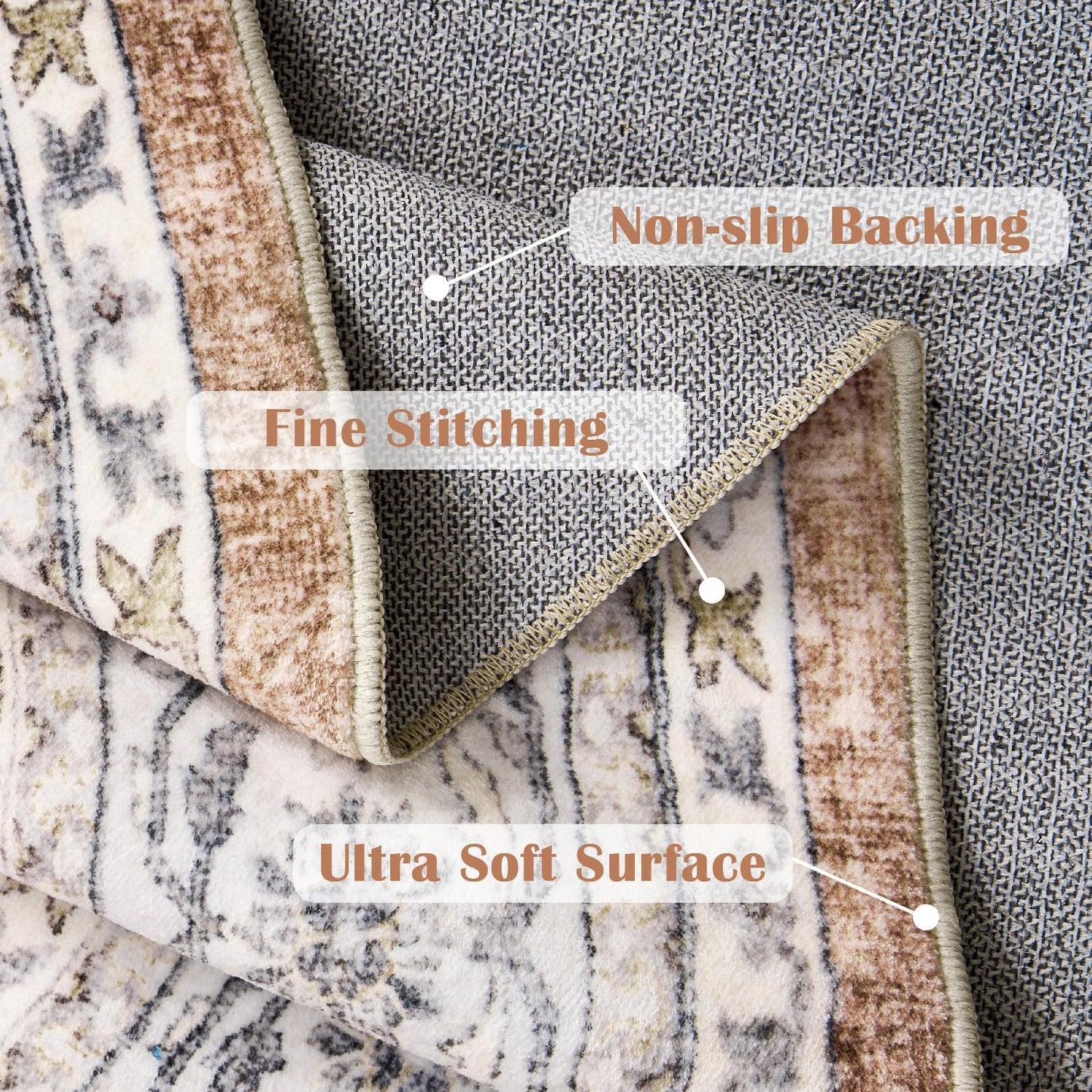 jinchan Round Rug 7ft Washable Circle Soft Rug - Low Pile Vintage 7'Round Indoor Orange Floral Print Stain Resistant Boho Carpet Ultra-Thin Non-Slip for Living Room Bedroom Dining Room Kitchen