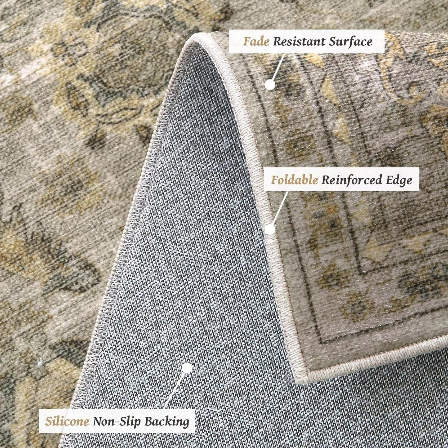 Washable 8x10 Area Rugs for Living Room, Boho Non-Slip Silicone Backing Rugs for Bedroom Dining Room Nursery Office, 0.3" Neutral Oriental Throw Carpet with 0.16" Cushioning Pad, Light Brown/Multi