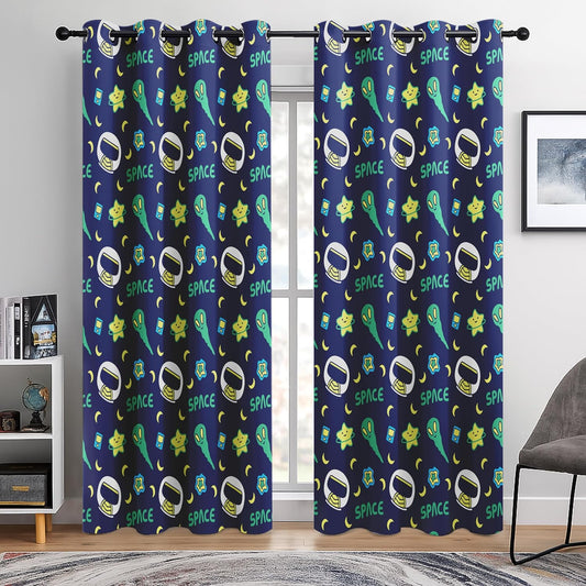 Kids Space Alien Blackout Curtains - 100% Blackout, Thermal Insulated, Noise Reducing, Perfect for Kids Room and Nursery, 2 Panels (Friendly Alien, W52×L84)