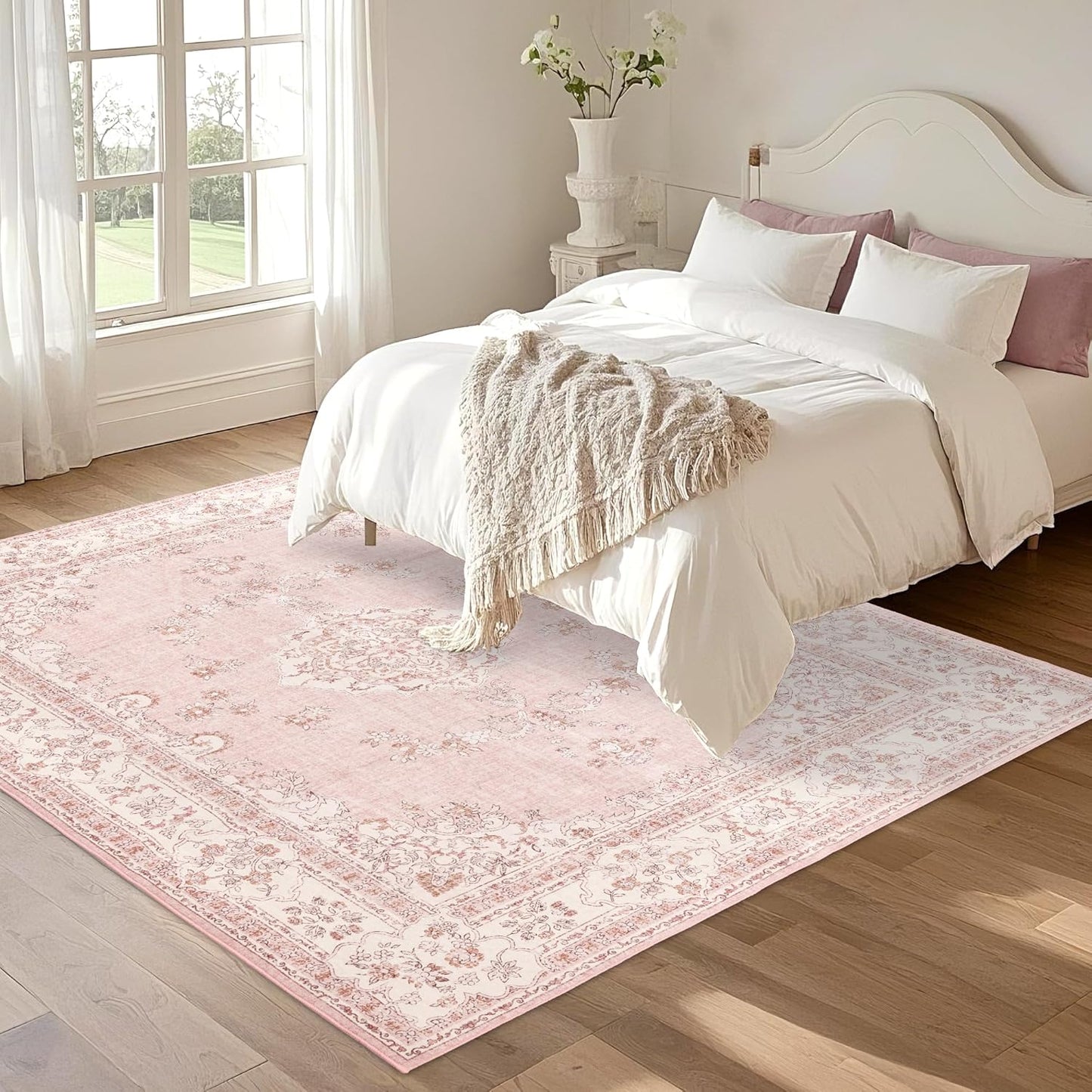 5x8 Area Rug Washable: Oriental Soft Area Rug for Living Room Bedroom No Shedding - Low Pile Thin Carpet Rug for Dining Room Non Slip - Boho Vintage Rug for Home Decor - Soft Pink