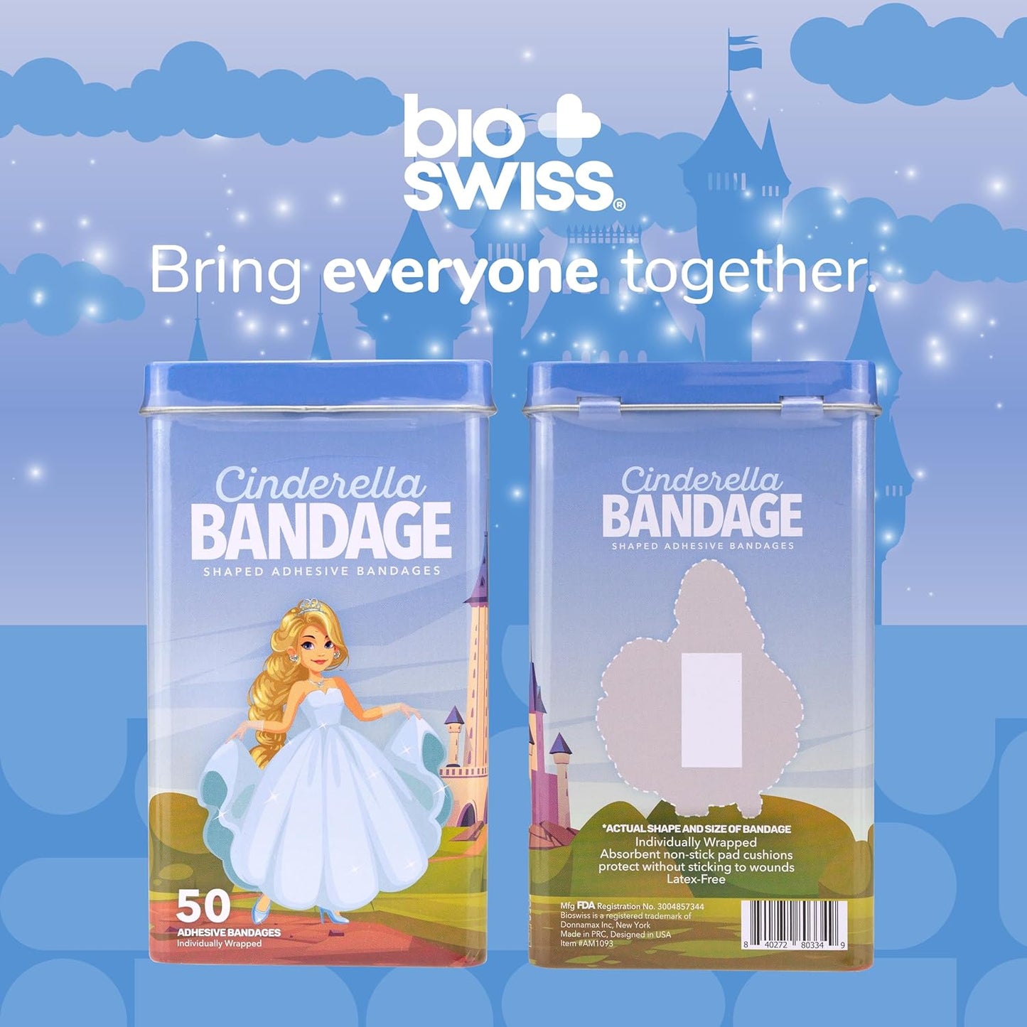 BioSwiss Bandages, Princess Cinderella Shaped Self Adhesive Bandage, Latex Free Sterile Wound Care, Fun First Aid Kit Supplies for Kids and Adults, 50 Count