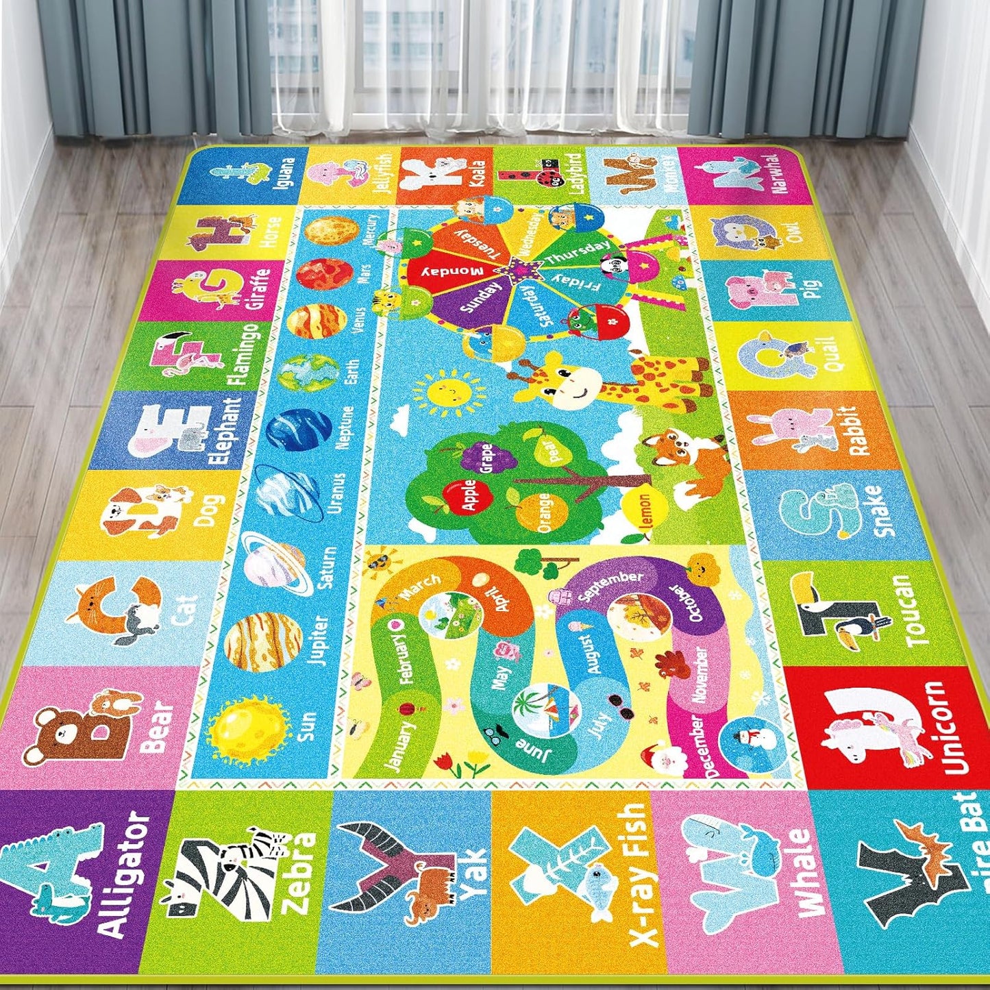 Kids Rug for Playroom, Kids Baby Playmat with Alphabet, Month, Weather, Week and Shapes ABC Educational Rug, Play Mat Carpet for Bedroom Classroom (110.2X78.7 INCH, Ferris Wheel)