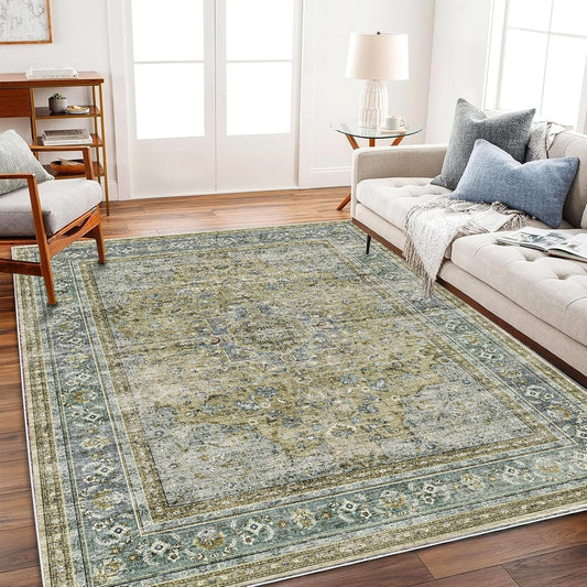 Area Rug 6'x9' Washable Vintage Traditional Floor Cover Thin Retro Kitchen Indoor Distressed Non Slip Carpet for Living Room Bedroom Dining Room