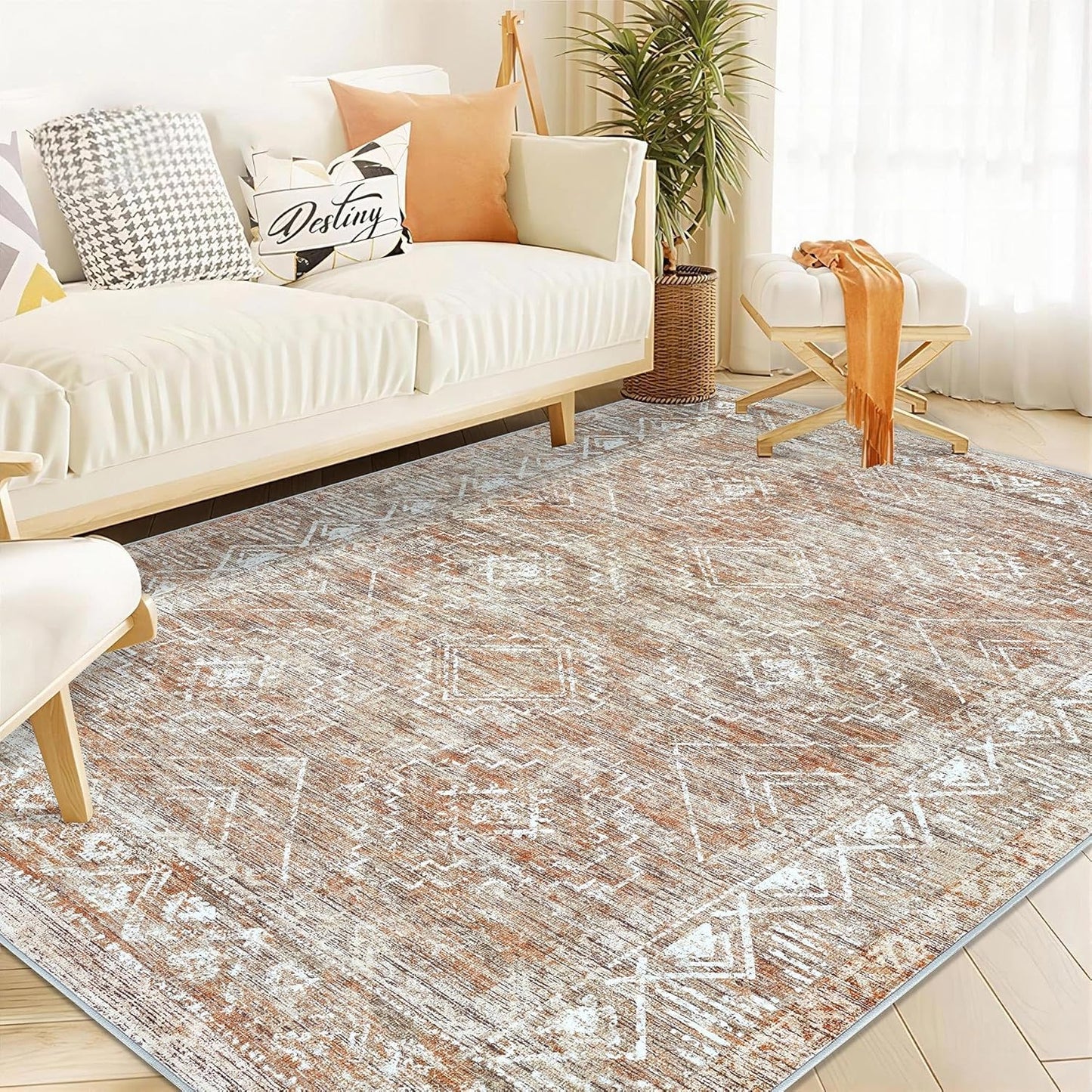 Moroccan Large Area Rug 5x7 - Soft Machine Washable Geometric Boho Distressed Farmhouse Rug Morden Stain Resistant Indoor Floor Carpet for Bedroom Dining Table Nursery Home Office (5 x 7, Brown)