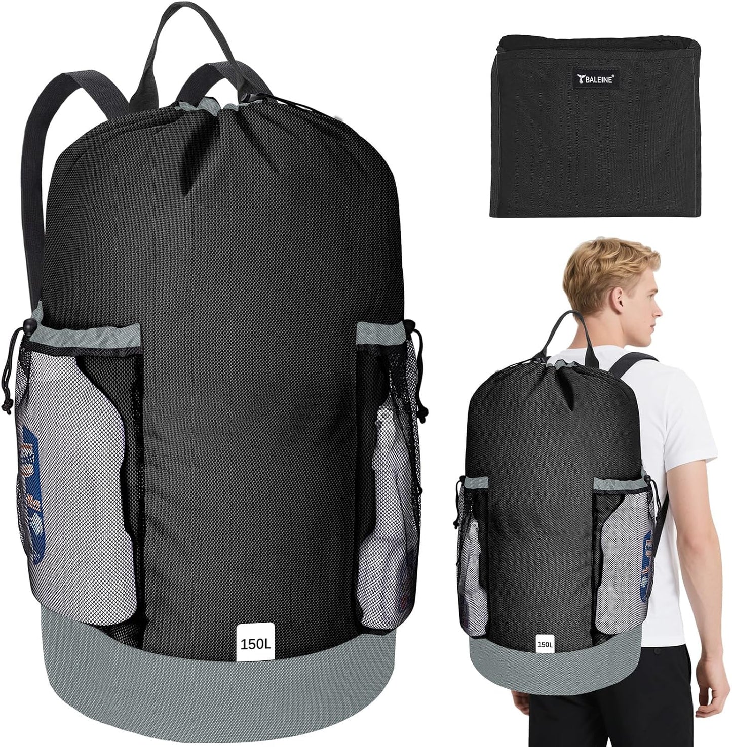BALEINE 150L Laundry Bag Backpack, 900D Oxford Fabric Large Travel Laundry Bags with Shoulder Straps and 2 Mesh Pockets for College Dorm, Apartment, Laundromat (Black, 150L)