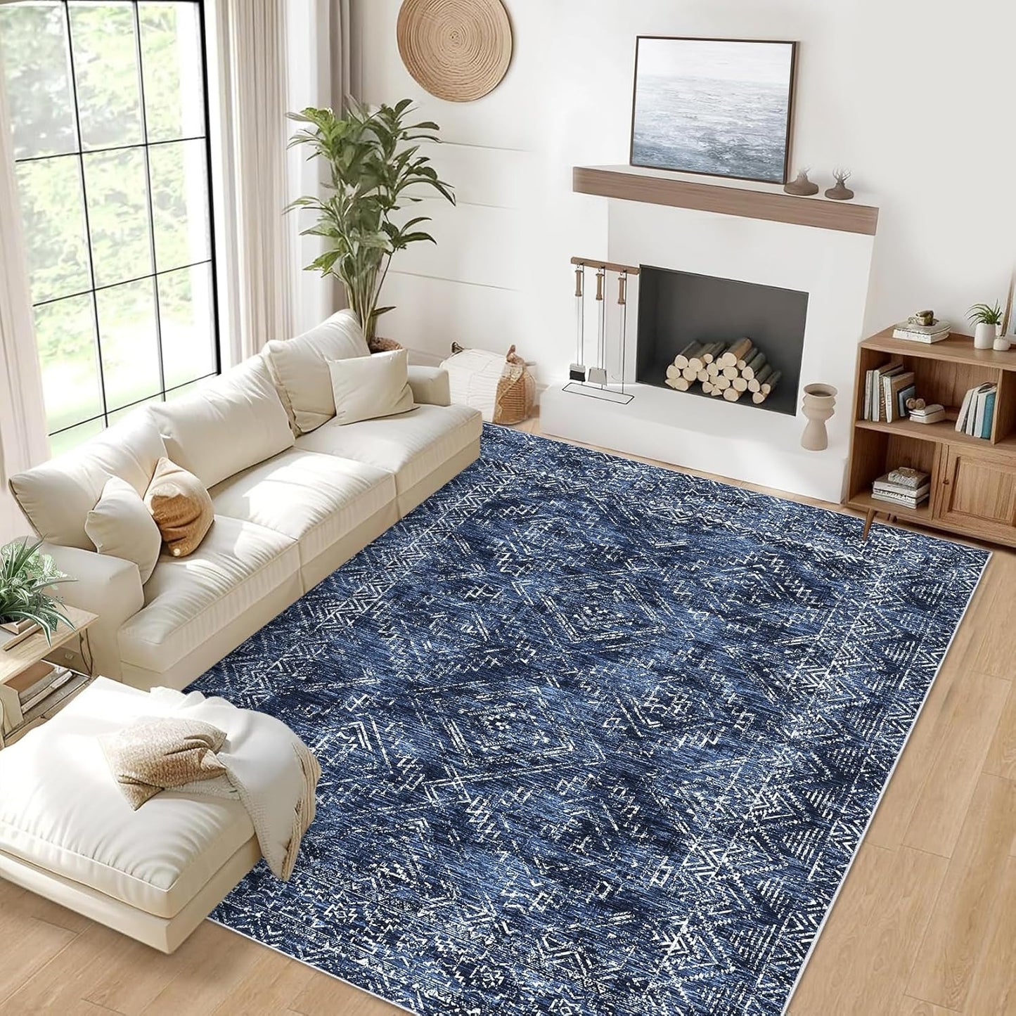 COZYLOOM 4x6 Area Rug for Living Room Bedroom Playroom Nursery Vintage Non Slip Low Pile Rug Soft Throw Floor Cover Geometric Tribal Foldable Indoor Carpet, Blue